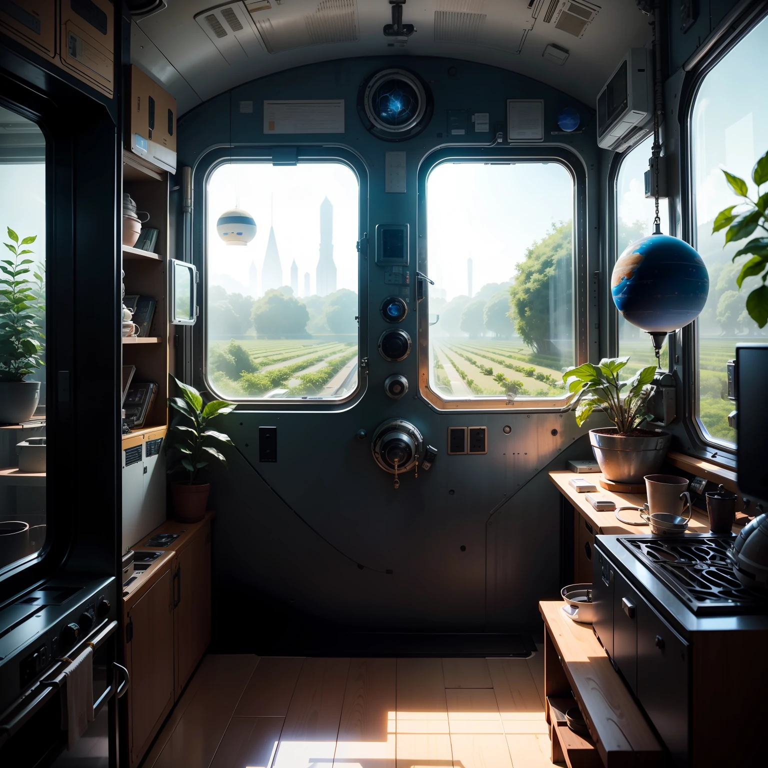 The interior environment of the space station,There are multiple passages leading into the distance,There are planets outside the window,There are plant barns on the walls,Small objects floating in the air。