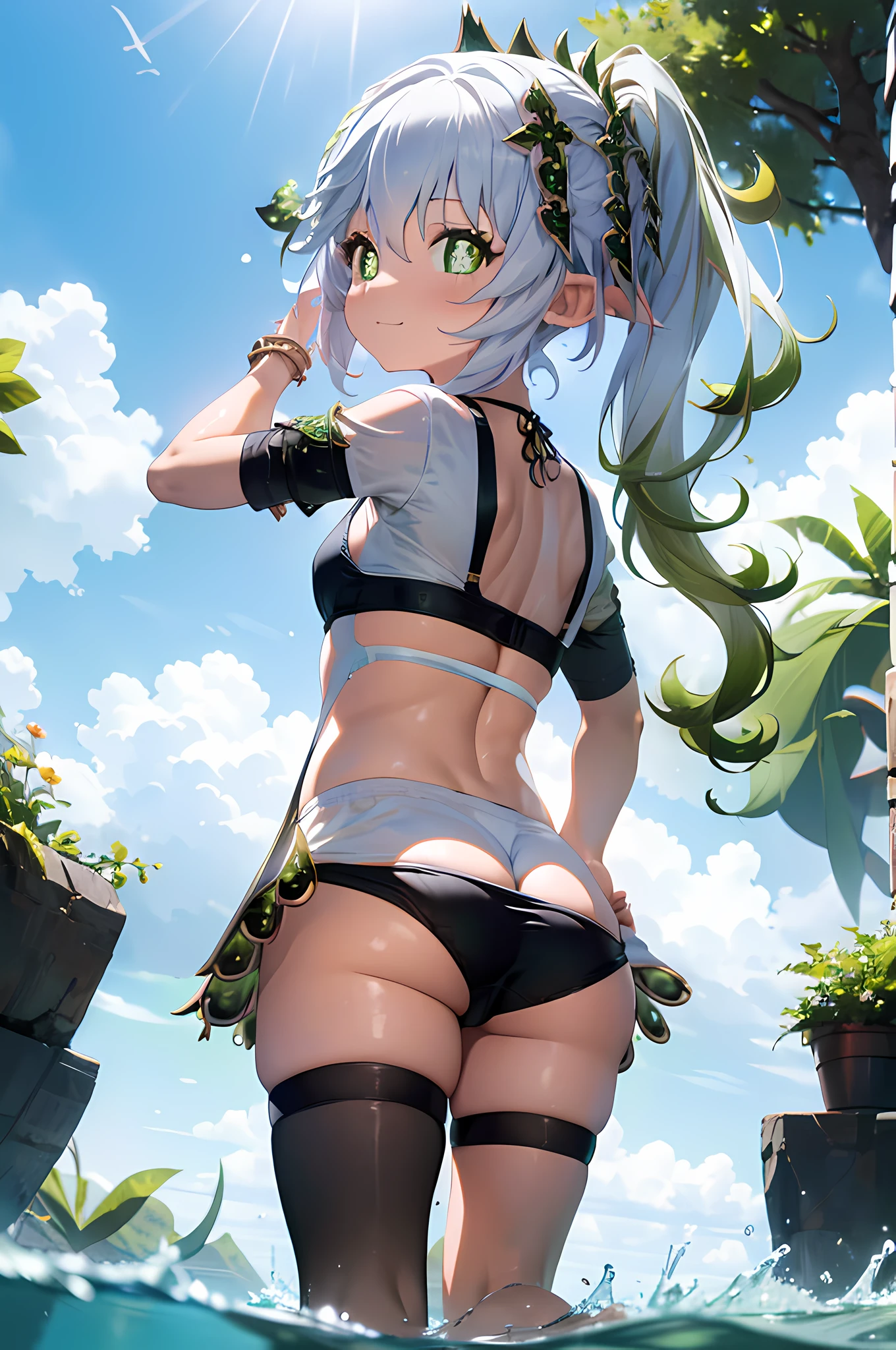 ((Masterpiece, Top Quality, accuracy, super detaill)))), (elf)))), (Black bikini with gold embroidery))))), (lightweight, long braid), (Large glowing dark green eyes), ((big)), (Shore), (Gentle waves), Smile, ((Wide sandy beach)))), (Crawling on all fours in shallow water)))), (protruding buttocks,)), ((thighlet)), (((seen from behind))), breeze, Dynamic Angle, leaning, stick out ass, Juicy butt, bathing suit, underpants, black briefs