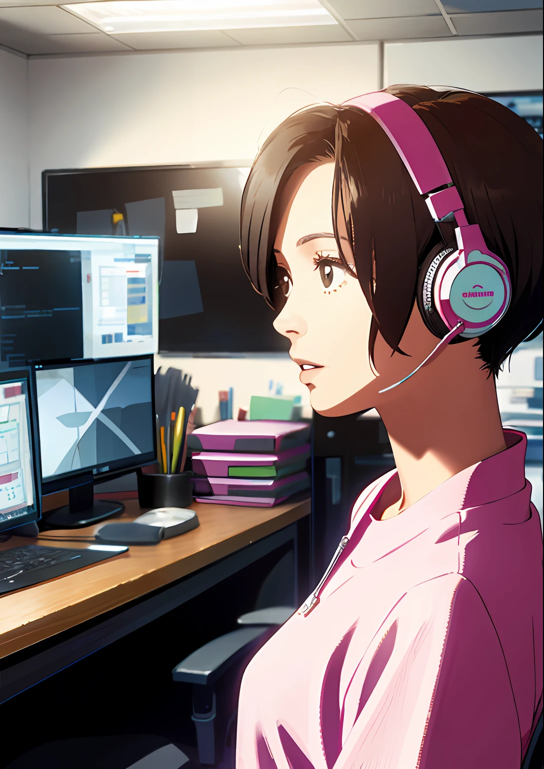 Woman wearing headphones and pink shirt,twitch streamer, Short brown hair,operator,office room,Background with,Commercials,A lot of operator background