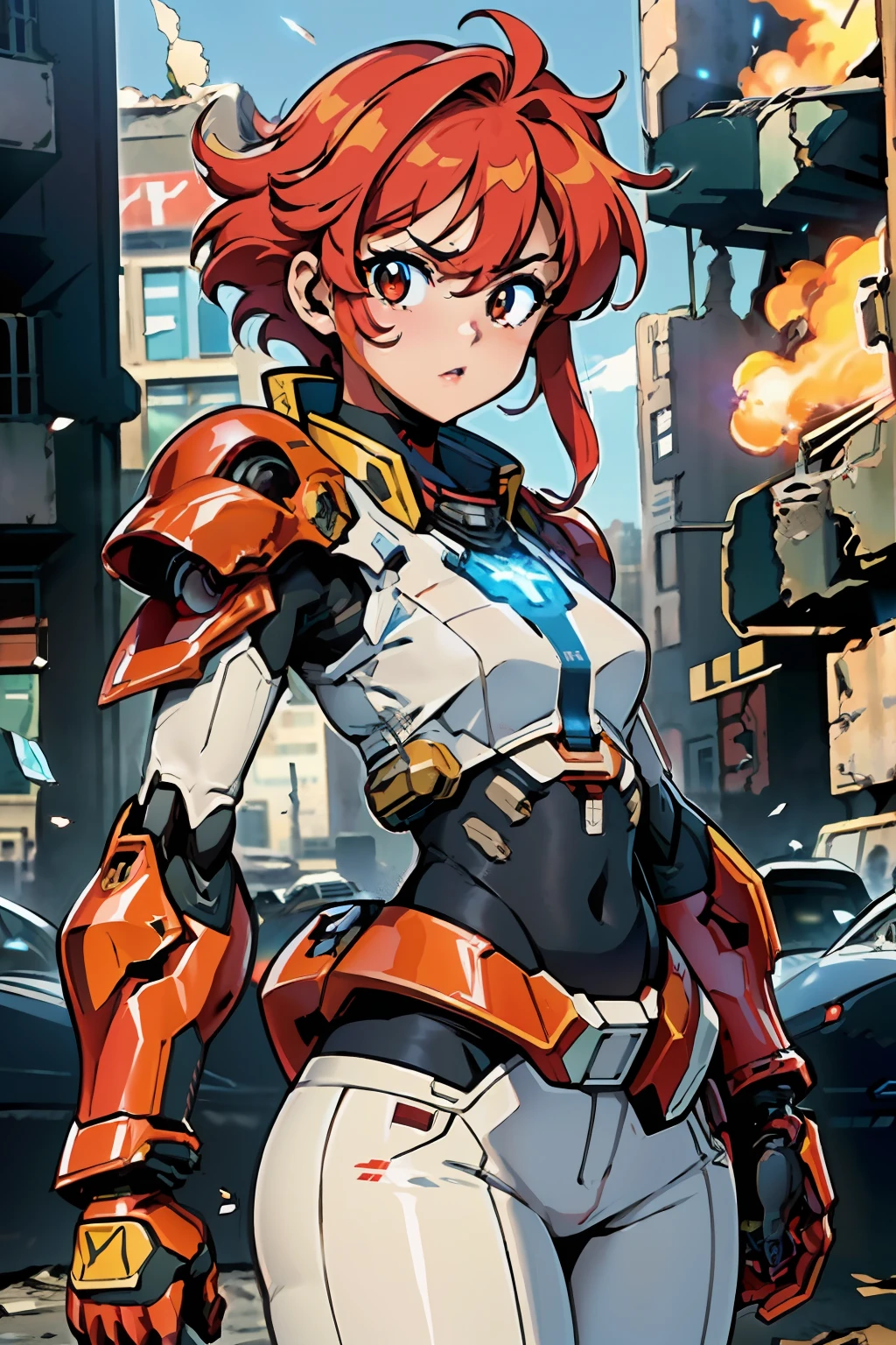 \(Style\): { (masterpiece:1.2, best quality), science fiction },
\(Composition\): { no humans, fire, laser canon beam },
\(Clothing\): { [(mecha:1.2):medic], red armor, },
\(Behavior\): { looking at viewer },
\(Location\): {( war, conflict, destroyed city background )}