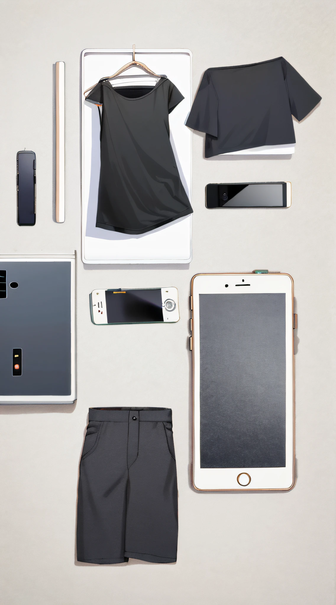 A man wears(black t-shirts,Long white pants)There were fifteen mobile phones on the ground in front of him
