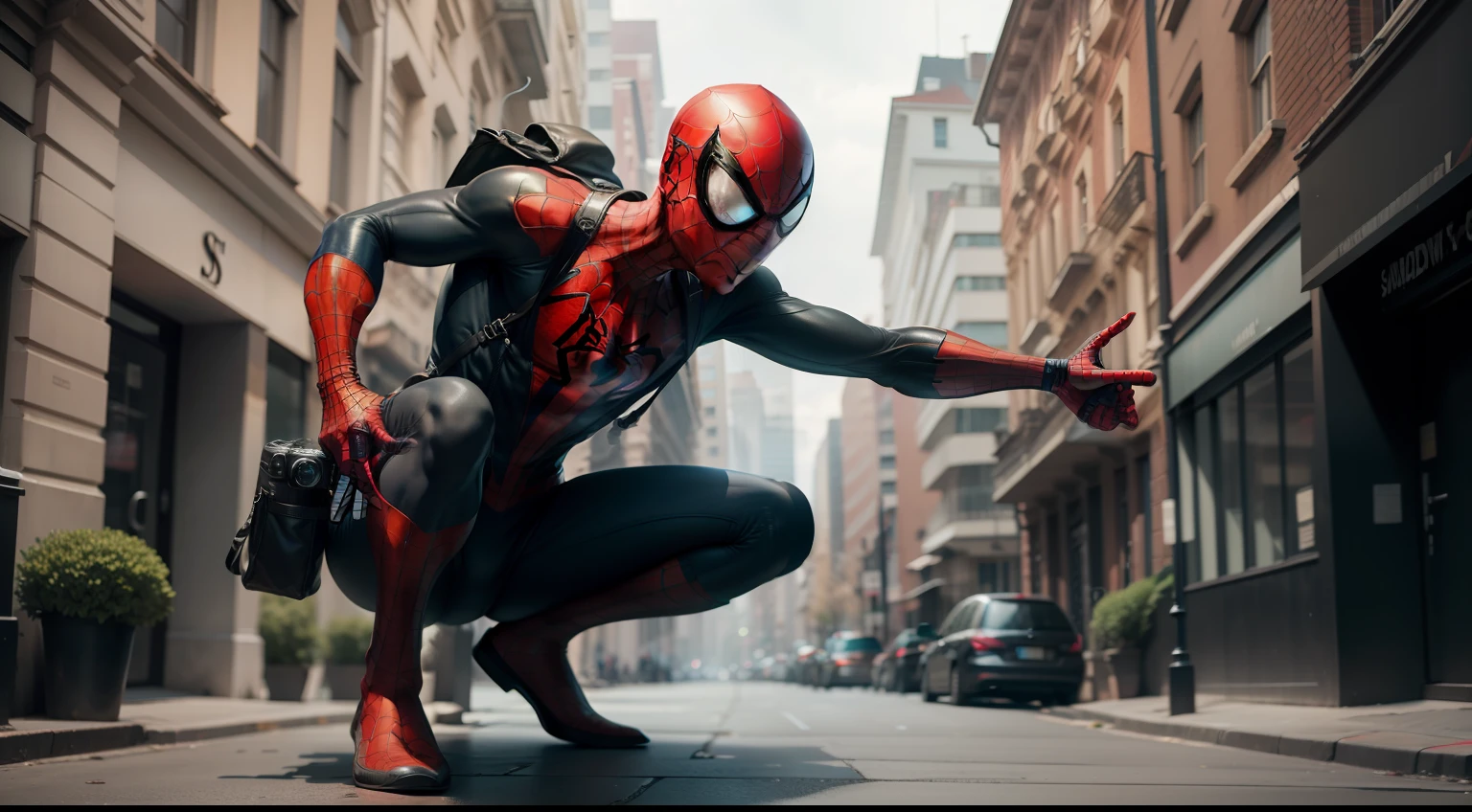 A Dramatic street photographer as Spiderman holding his DSLR camera, cinematic, extreem realistic, extreem detailed, extreem Sharp, full body shot