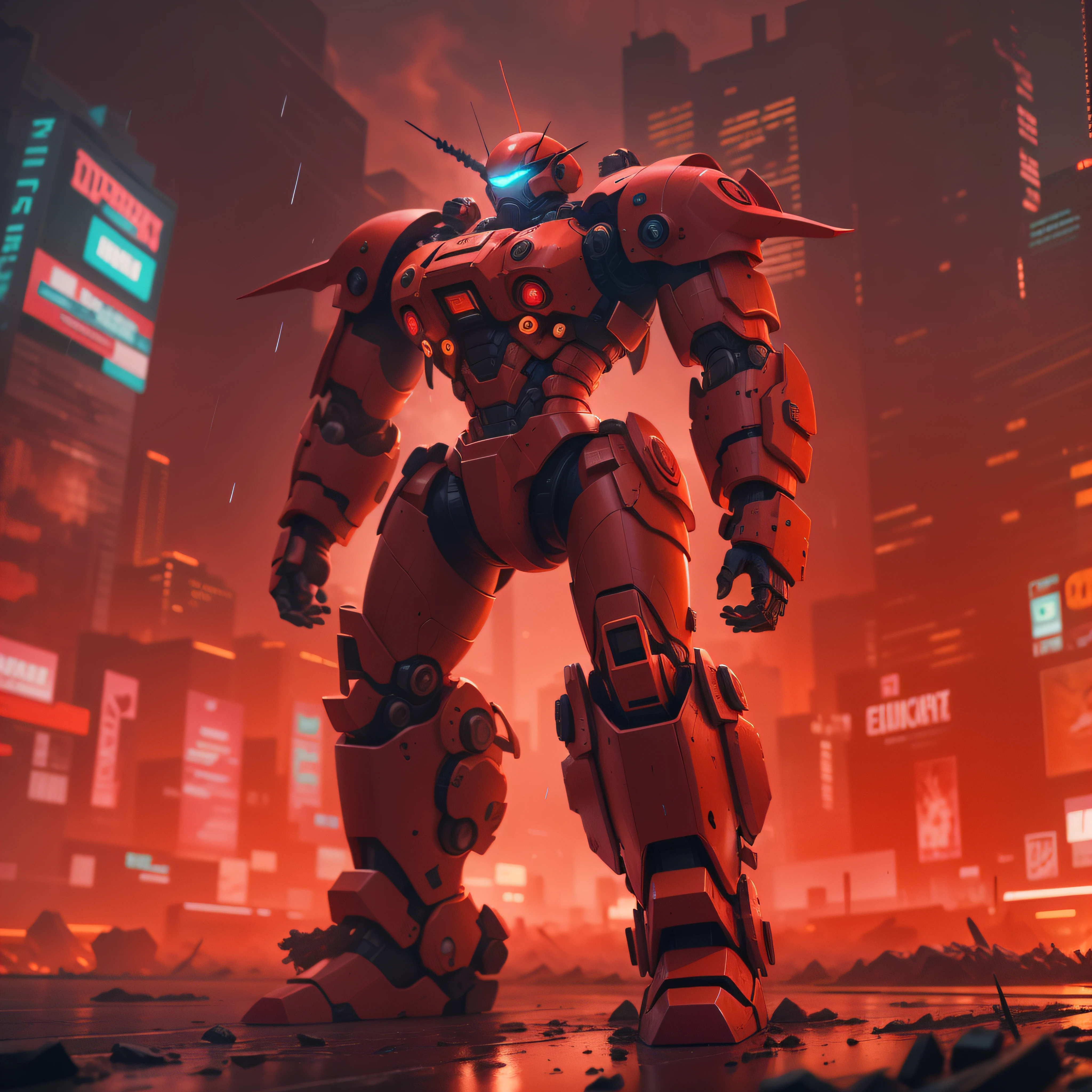 1 giant red robot, slick design cyberpunk, stunning gradient colors, stylized, ((battle pose, battle stance)) smoke, fire, raining
anime, masterpiece, best quality, (extremely detailed CG unity 8k wallpaper), (best quality), (best illustration), (best shadow), absurd res, realistic lighting, beautiful detailed glow