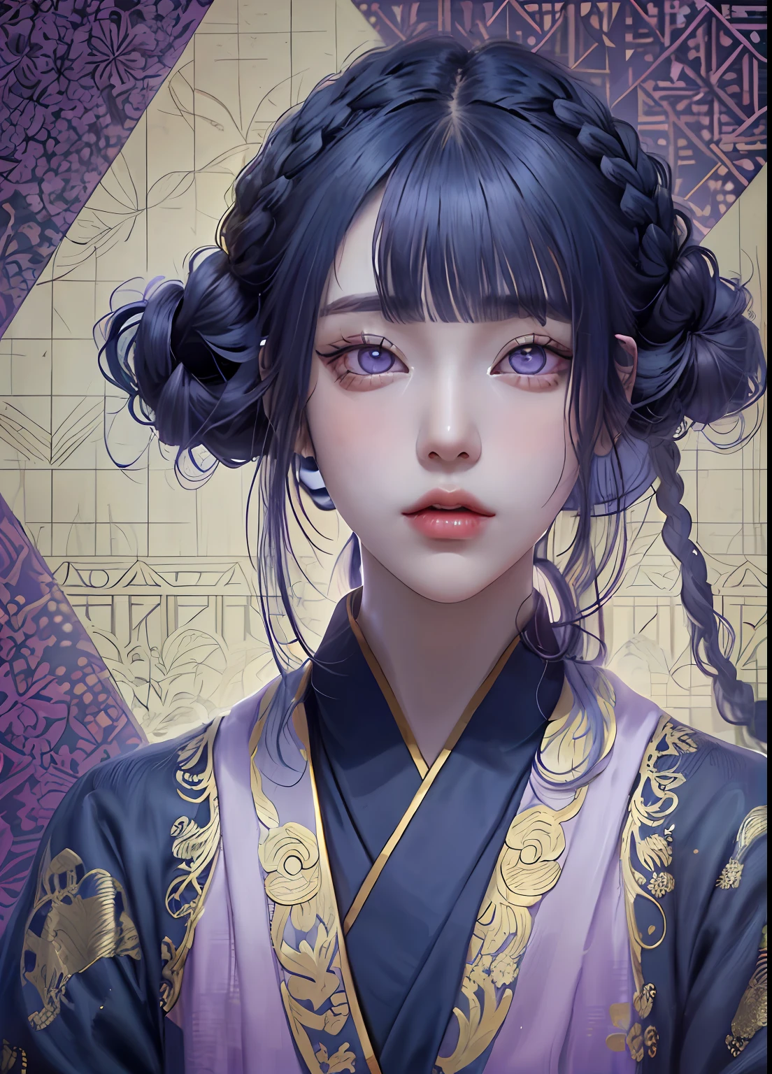 woman, Portrait, Masterpiece, Painting, korean style hair, Long hair, hair-bun, Braids, professional hair stylist, ornate hair, abstract backgrounds, Purple eyes, Dark blue hair, ((Blunt bangs))