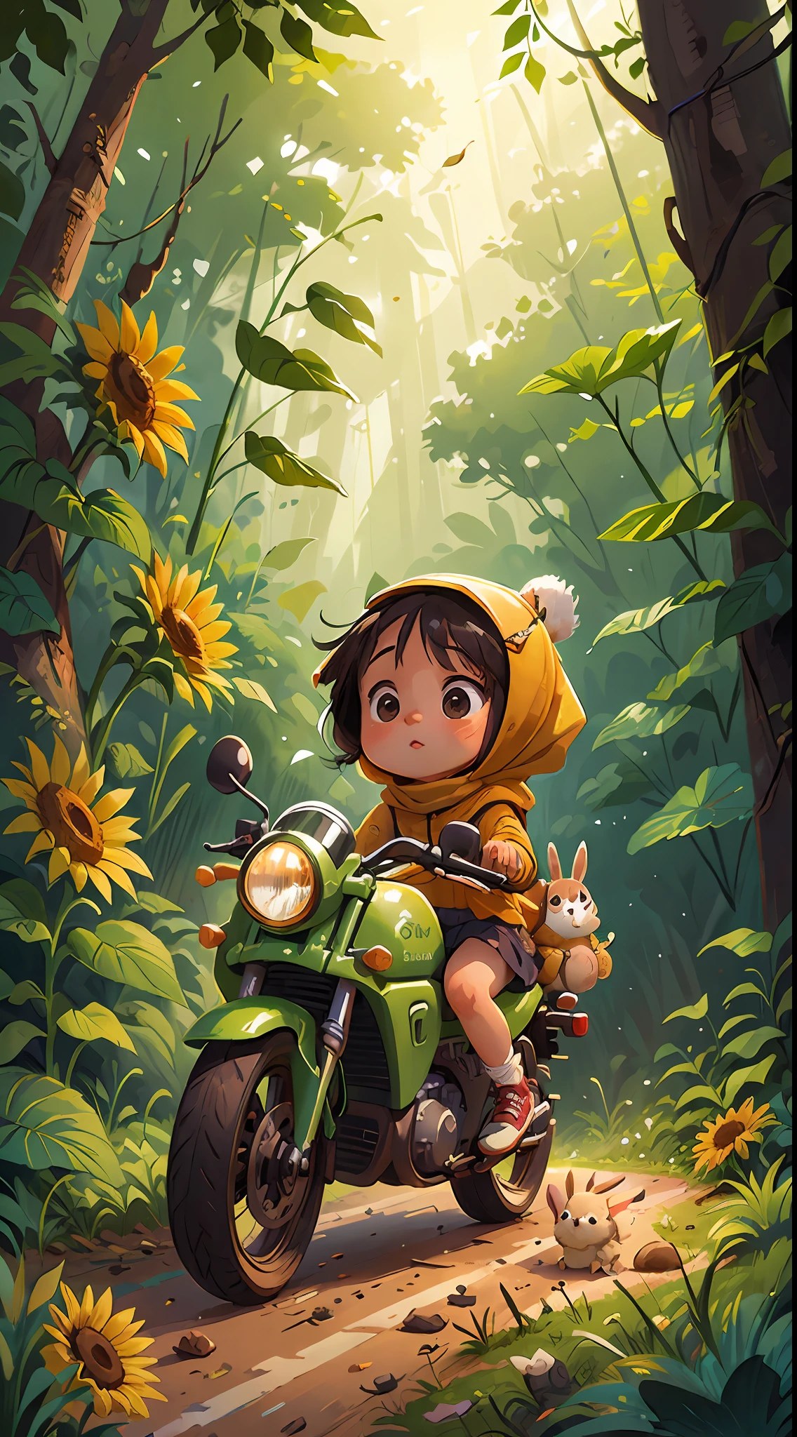  hijab girl with her rabbit,n ride a motorcycle in the jungle road, nature, sunflowers