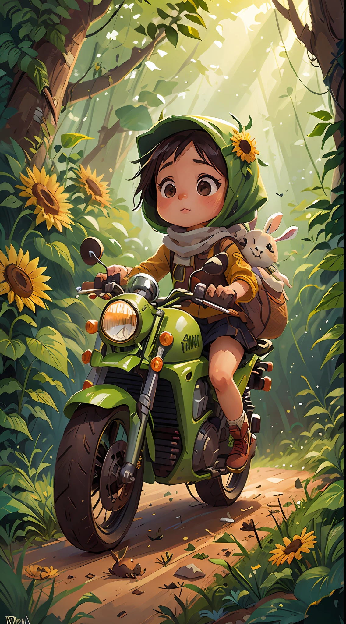 Little hijab girl with her rabbit,n ride a motorcycle in the jungle road, nature, sunflowers