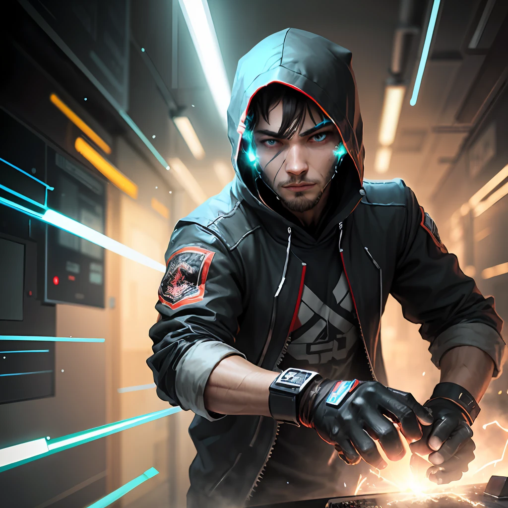man with rebel clothes, hacker, unleashing energy sparkles from his hands --auto --s2