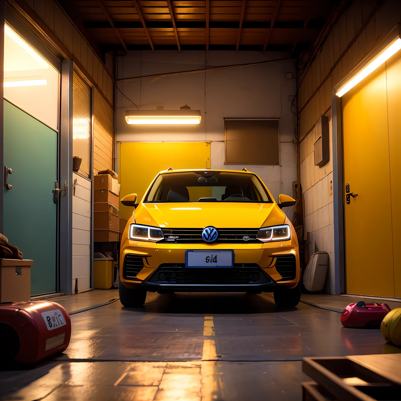 (obra-prima, melhor qualidade: 1), arte oficial, Vw gol Vermelho g4, papel de parede 8k da unidade CG extremamente detalhado, illustration, luz, carro, brilhante, motor vehicle, ground vehicle, carro esportivo, Vehicle focus, molhado, dentro de casa, noite, luz plana, garagem, Machine shop,