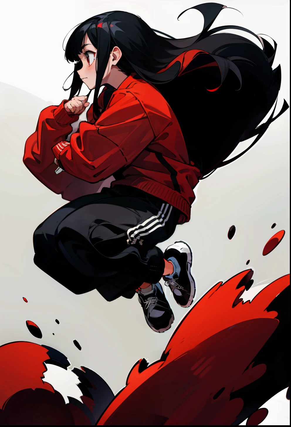 Red-black hair, 1Girl, Adidas Clothing, Jumping, Long-haired,