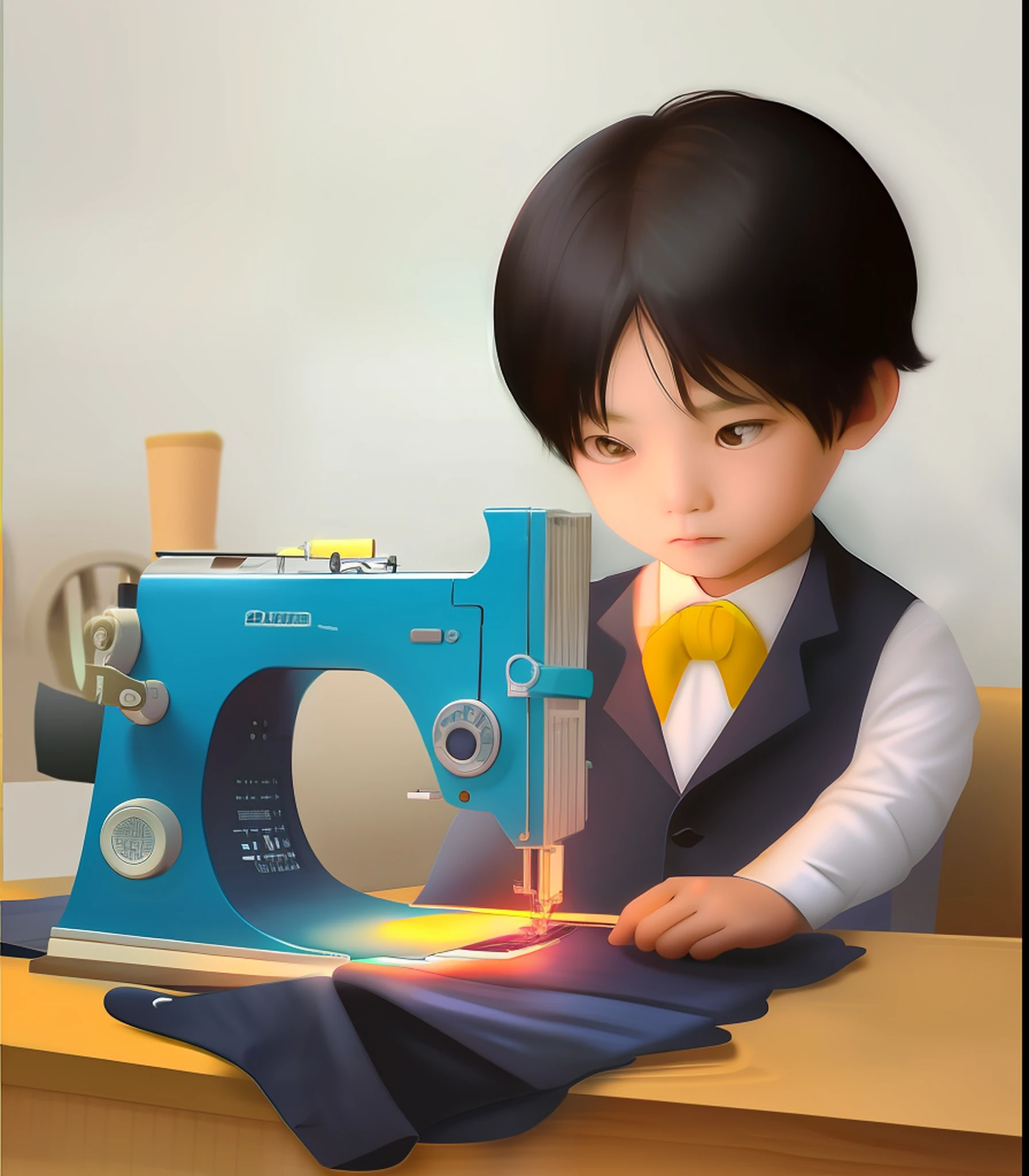 An Asian boy in a blazer sits in front of a sewing machine sewing,Black color hair。