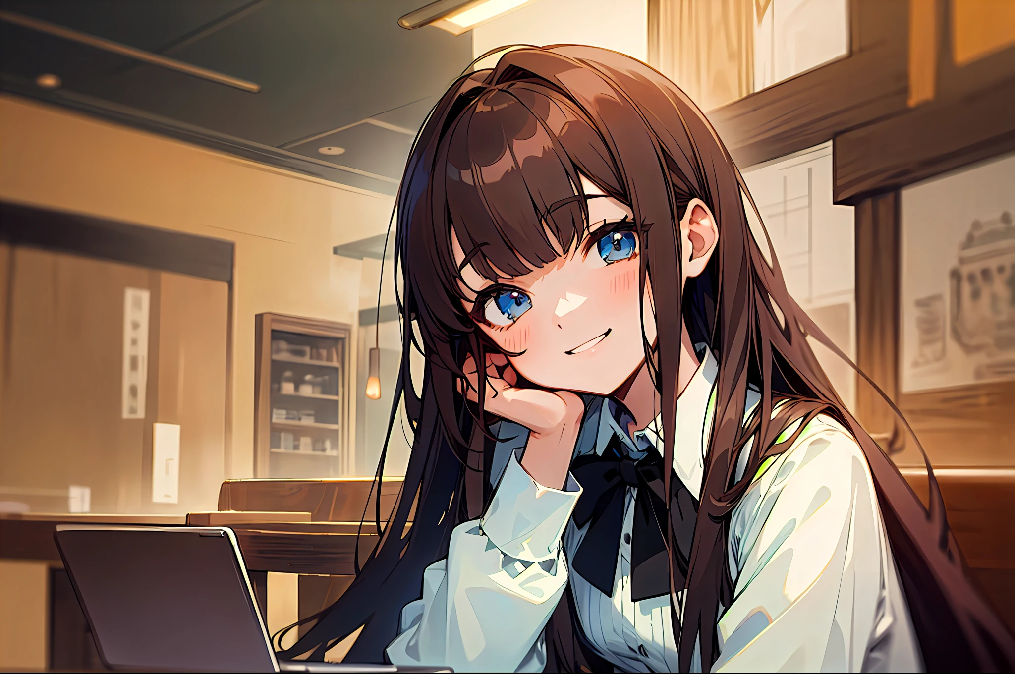 Upper body, mid-shot, femele, Detailed eyes, Anime girl sitting at laptop table, Semi-long hair, Brown hair, Bangs,, White School Uniform, Black bow tie, Long sleeves, cafes、Inside the restaurant, Smile