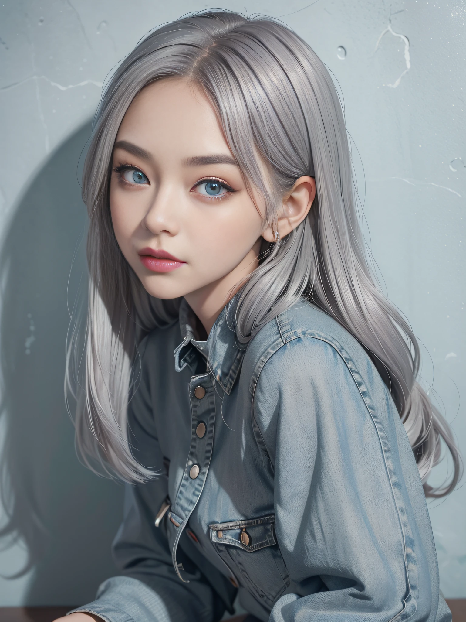 Long silver-gray hair,closeup of face,Chinese big eyes girl with lipstick on her lips, Realistic scene style, Light gray and light denim blue,Newspaper wall background,Retro port style, I can't believe how beautiful this is, pixar-style, pixar-style, pixar-style, pixar-style,Light gray and light denim blue, cartoon character
