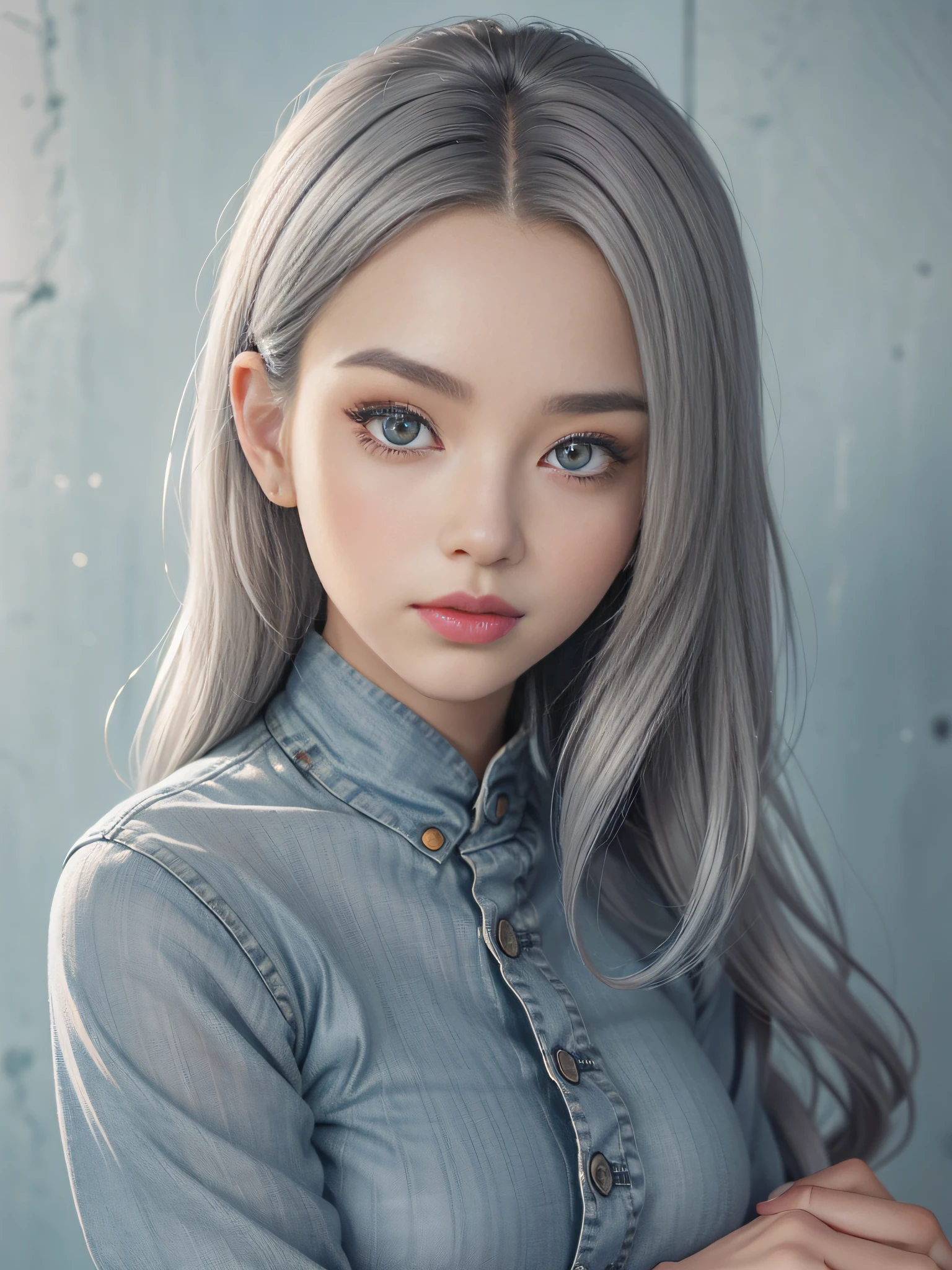 Long silver-gray hair,closeup of face,Chinese big eyes girl with lipstick on her lips, Realistic scene style, Light gray and light denim blue,Newspaper wall background,Retro port style, I can't believe how beautiful this is, pixar-style, pixar-style, pixar-style, pixar-style,Light gray and light denim blue, cartoon character