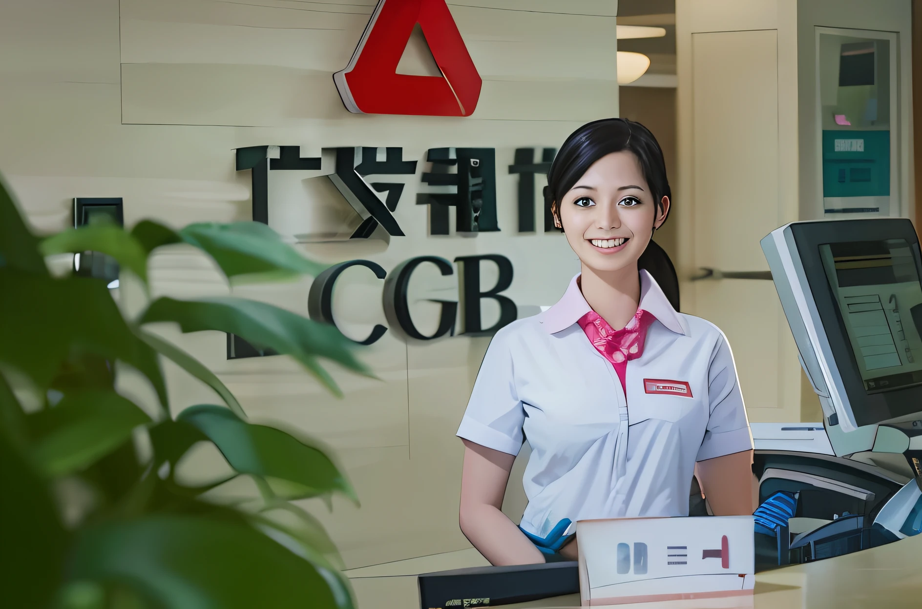 Woman standing in front of a bank counter, Coveralls, corporate photo,  ssmile，Q version，Animate