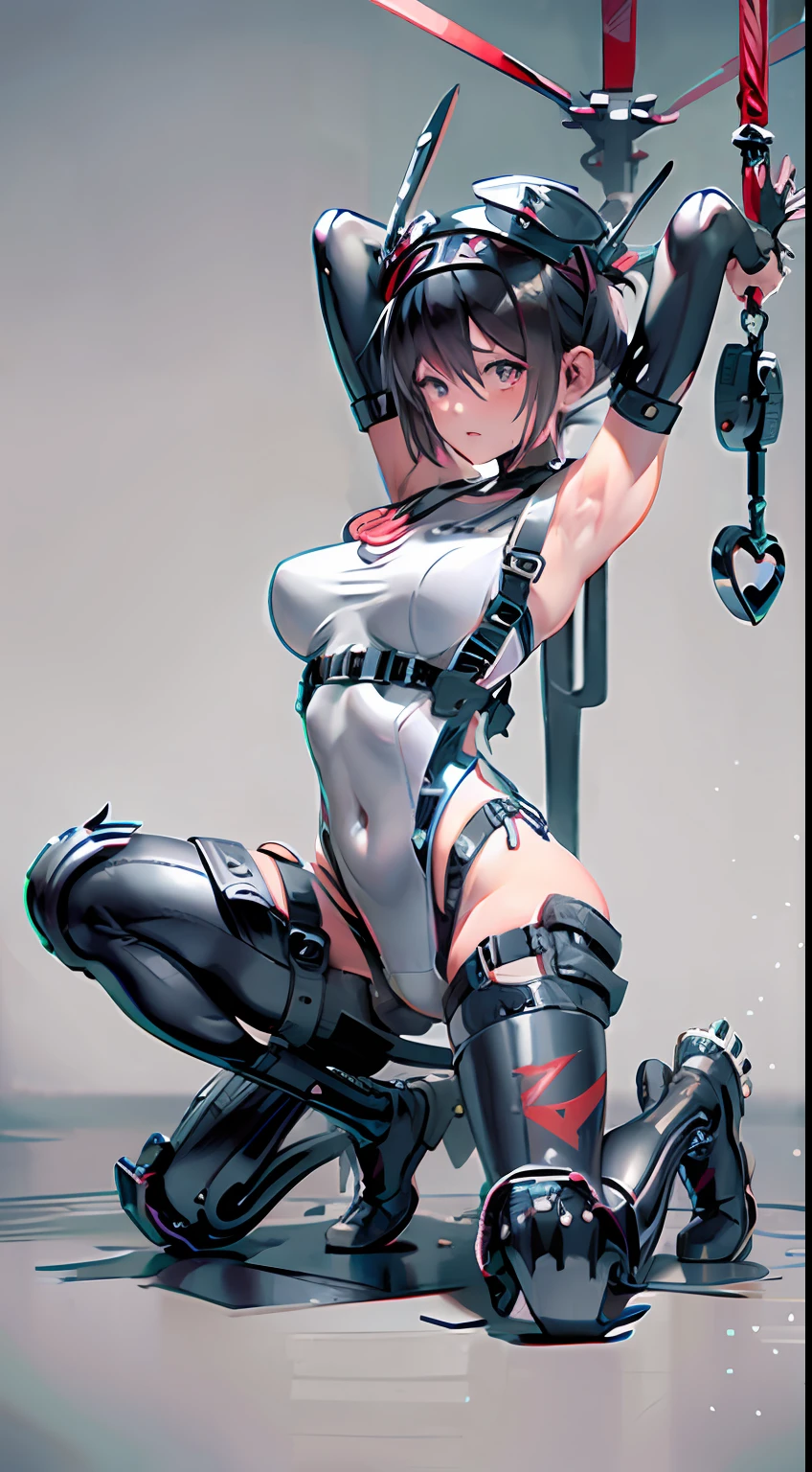 Metal strap winding,Swimsuit white nurse cap,Many black tentacles surround,Sit on the ground,Stretch your legs upwards, Tie your hands and feet together, inside in room, BDSM, with short black hair,Painful expression,Raised sexy,Giant buttocks,detail real,Super realistic style,skin detailed,Lots and lots of red ropes hang on the background,Vinyl coating,sweat leggs
