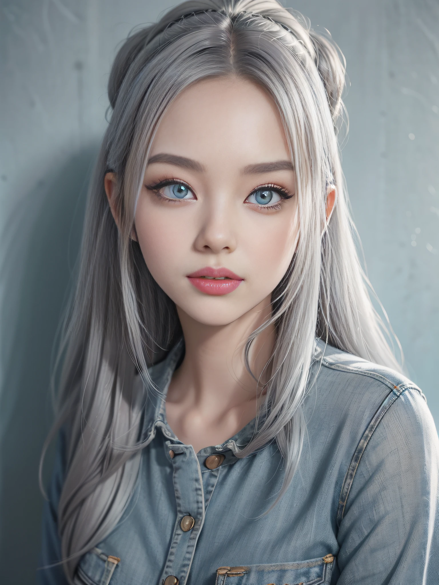 Long silver-gray hair，closeup of face，Chinese big eyes girl with lipstick on her lips, Realistic scene style, Light gray and light denim blue,Newspaper wall background，Retro port style， I can't believe how beautiful this is, pixar-style,  pixar-style, pixar-style, pixar-style,Light gray and light denim blue, cartoon character