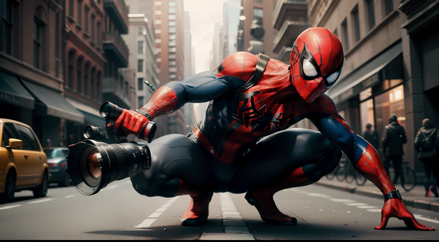 A Dramatic street photographer as Spiderman holding his DSLR camera and ready to shot an object, cinematic, extreem realistic, extreem detailed, extreem Sharp, full body shot