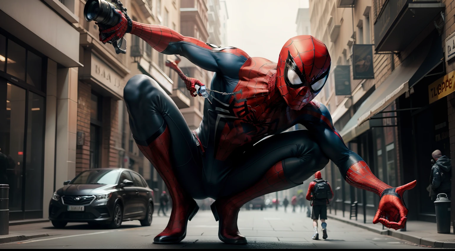 A Dramatic street photographer as Spiderman holding his DSLR camera and ready to shot an object, cinematic, extreem realistic, extreem detailed, extreem Sharp, full body shot