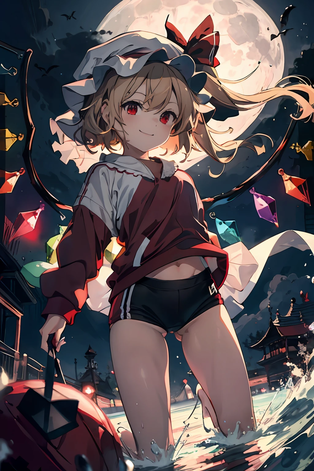 ​masterpiece, top-quality, 1girl in,natta,Big Moon,Flandre Scarlet, Mob Hat, A smile、Red athletic clothes、Long-sleeved athletic clothing、Great athletic clothes