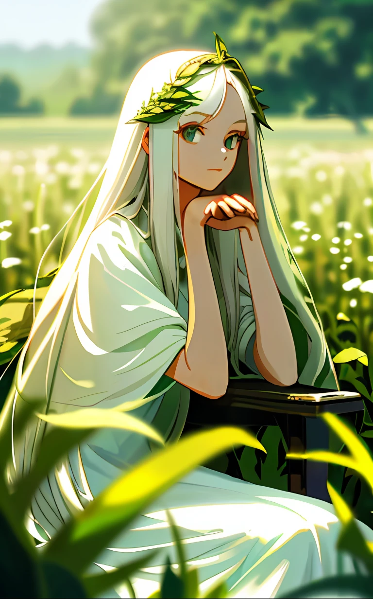 (masterpiece, best quality),1girl with long white hair sitting in a field of green plants and flowers, her hand under her chin, warm lighting, white dress, blurry foreground