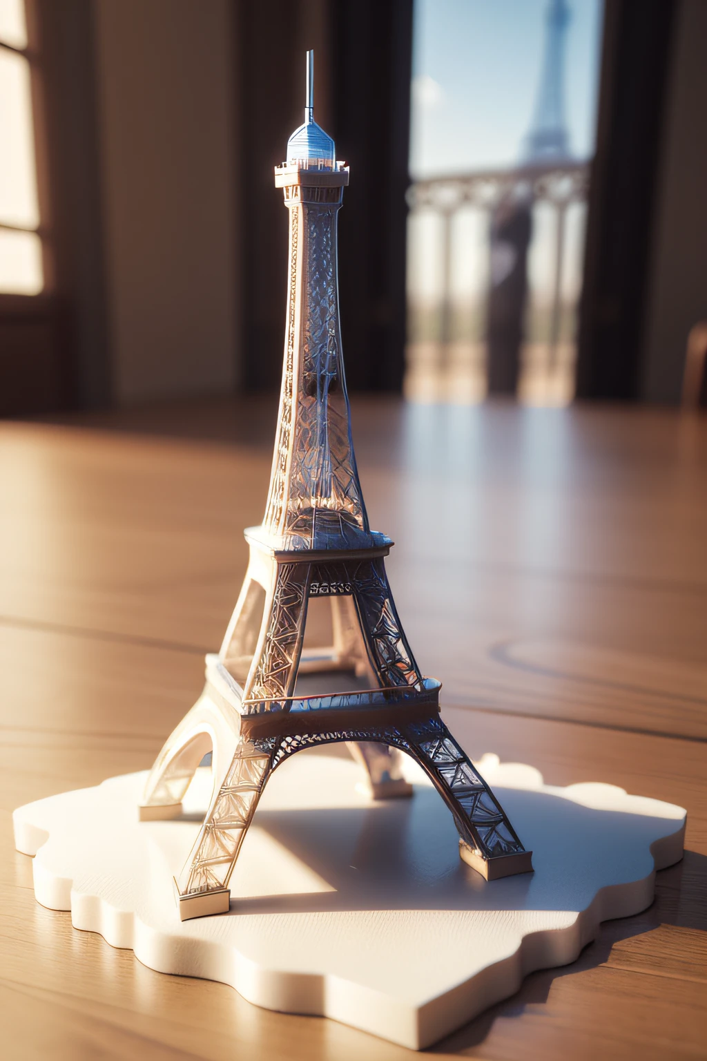 3D printing model of milky white Eiffel Tower, detailed, high-precision, realistic