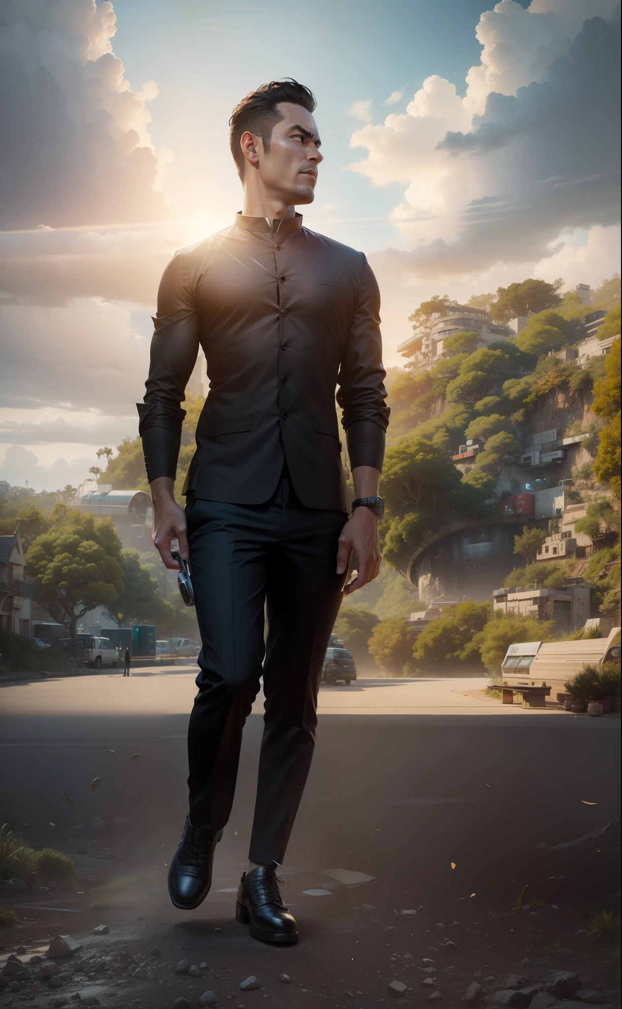 Change background to mega city, realistic face, 8k, ultra realistic, office guy