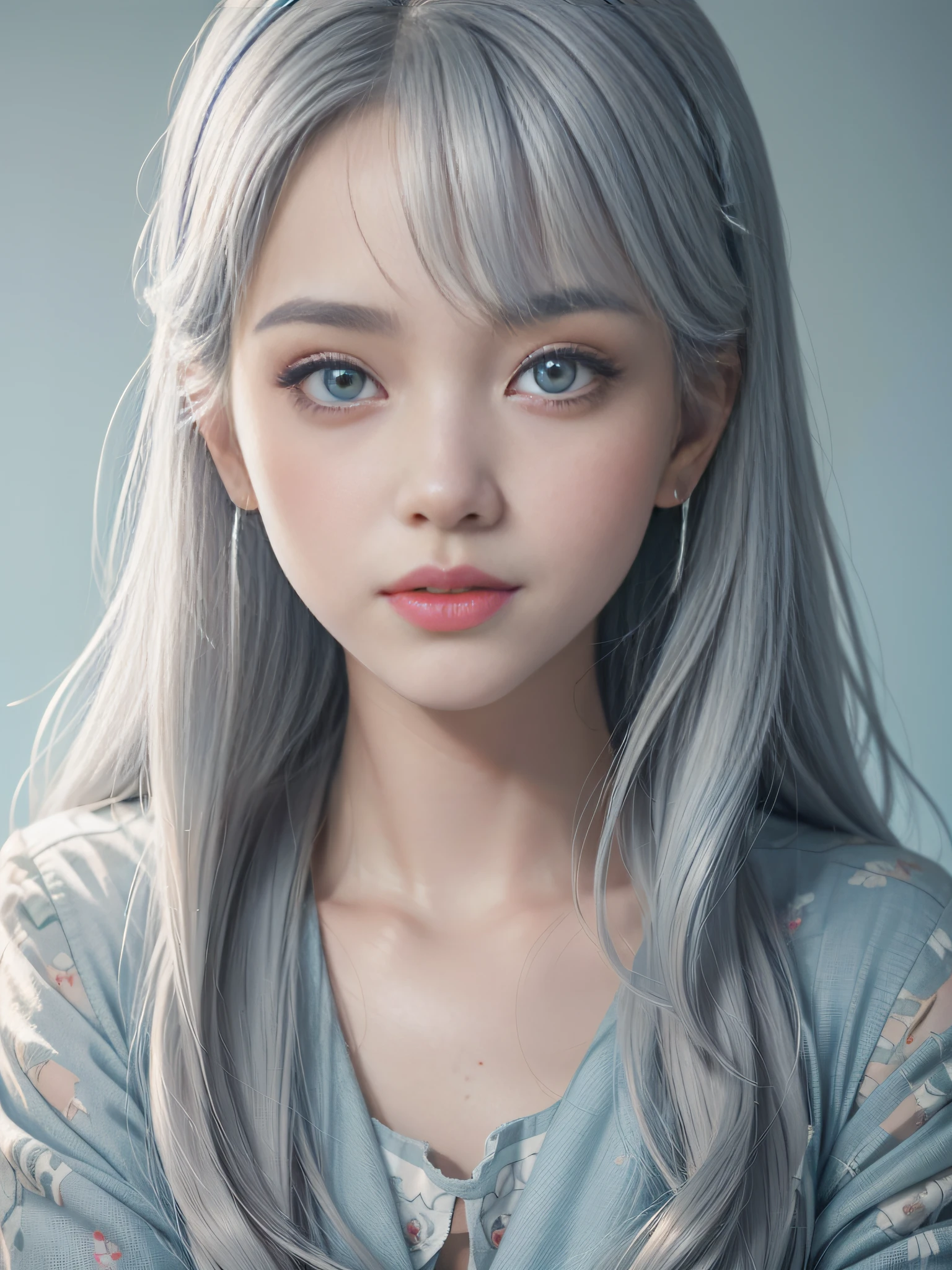 Long light blue-gray hair，closeup of face，Chinese big eyes girl with lipstick on her lips, Realistic scene style, Light gray and light blue,Newspaper background，Retro port style， I can't believe how beautiful this is, pixar-style,  pixar-style, pixar-style, pixar-style,light white and light blue, cartoon character