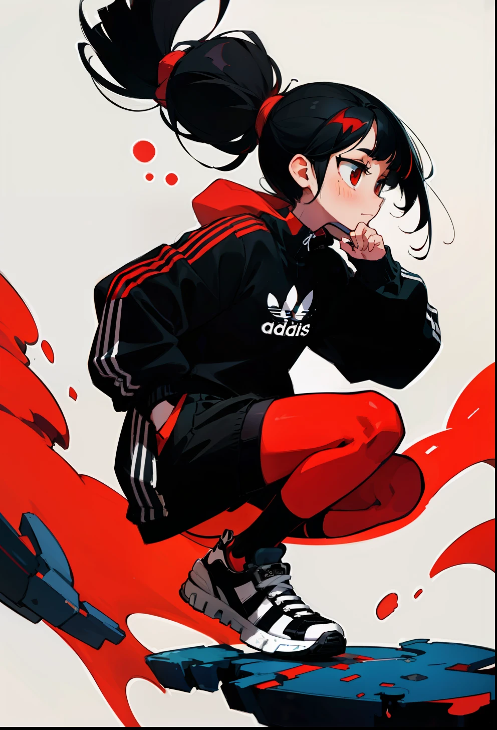 Red-black hair, 1Girl, Adidas Clothing, tiptoe, single hair,