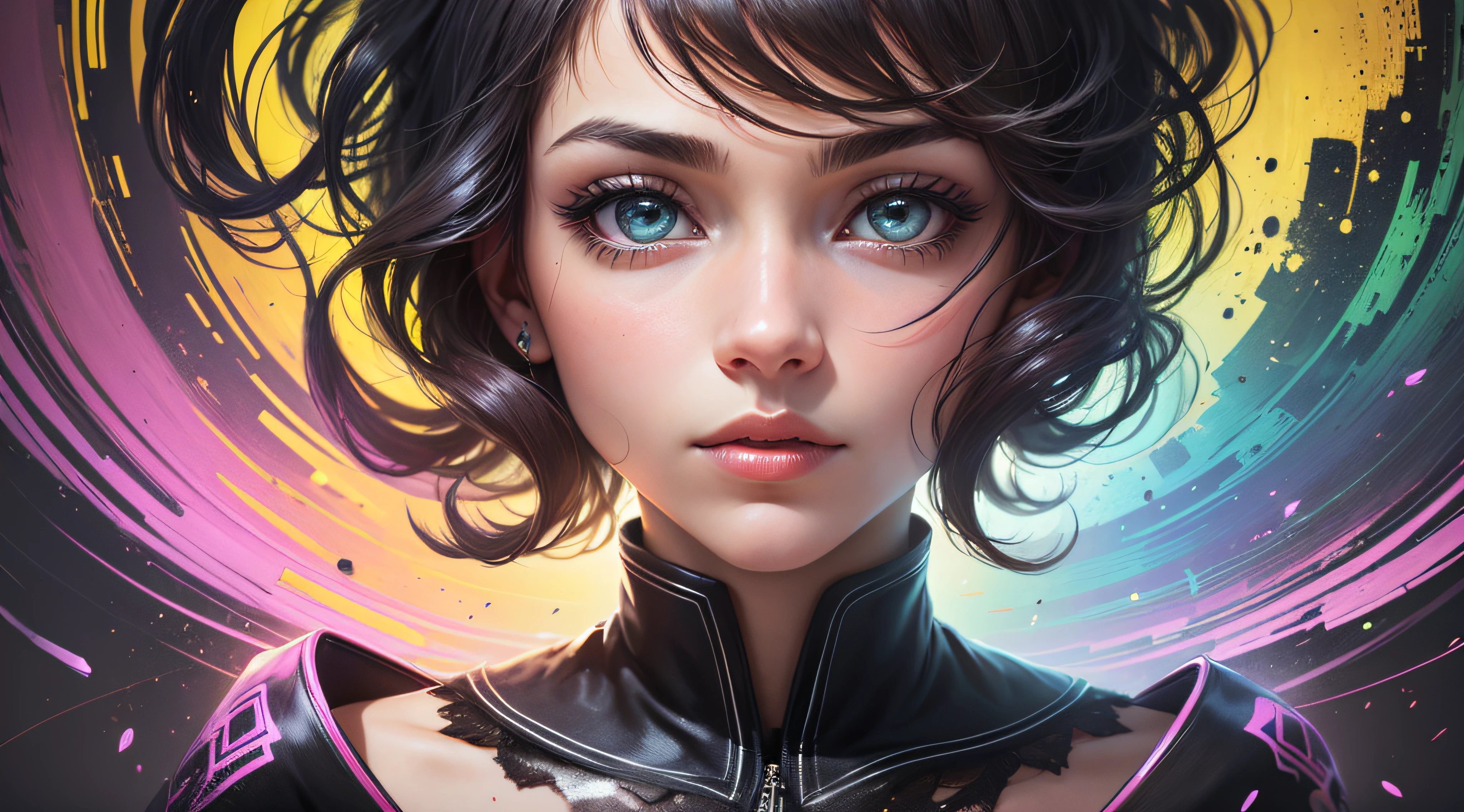 menina ,cabelo curto , cabelo preto, brilho radioativo, arte abstrata, foco no personagem, olhos com reflexo , ceu estrelado , galaxias