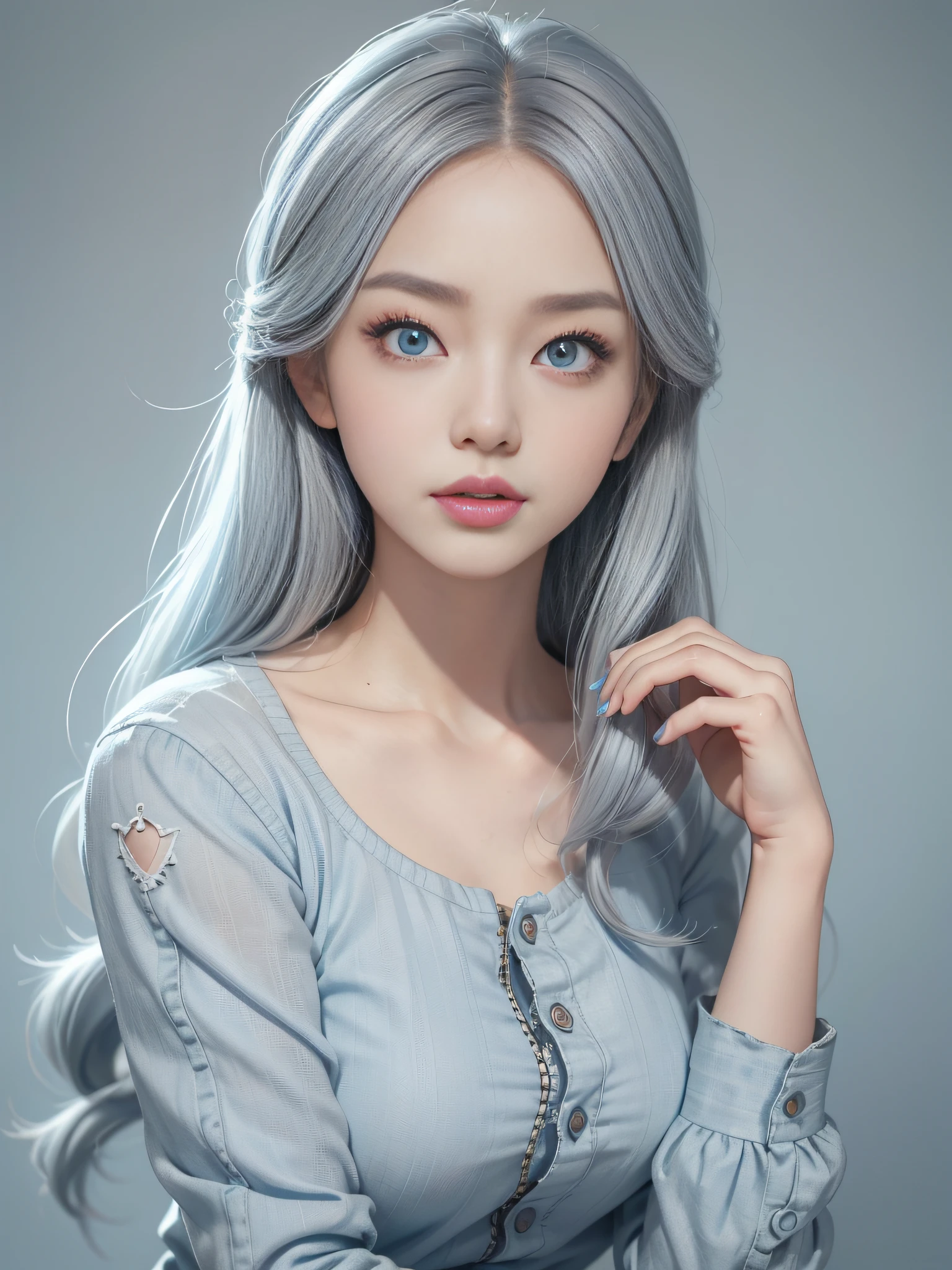 Long light blue-gray hair，closeup of face，Chinese big eyes girl with lipstick on her lips, Realistic scene style, Light gray and light blue,Newspaper background，Retro port style， I can't believe how beautiful this is, pixar-style,  pixar-style, pixar-style, pixar-style,light white and light blue, cartoon character