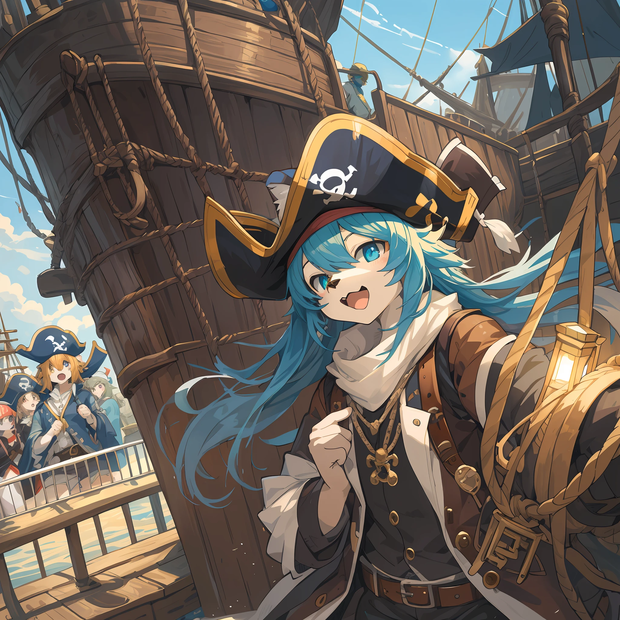 top quality, best quality, High-quality illustrations, masterpiece, super high resolution, detailed background, Pirate Ship, pirate, 6+boys, 6+girls, absurdres(highly detailed beautiful face and eyes)perfect anatomy, expression, good lighting, cinematic shadow(kemono, furry anthro),