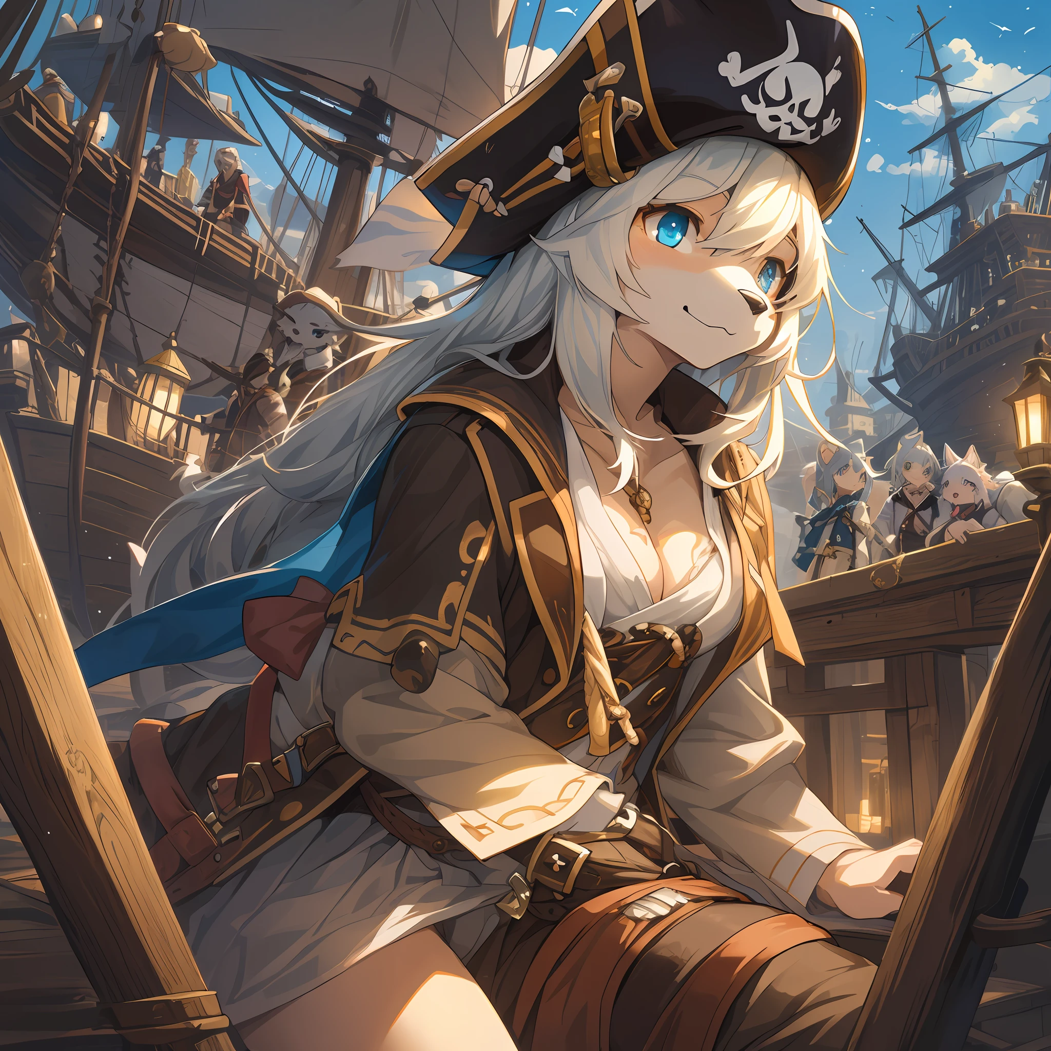 top quality, best quality, High-quality illustrations, masterpiece, super high resolution, detailed background, Pirate Ship, pirate, 6+boys, 6+girls, absurdres(highly detailed beautiful face and eyes)perfect anatomy, expression, good lighting, cinematic shadow(kemono, furry anthro),