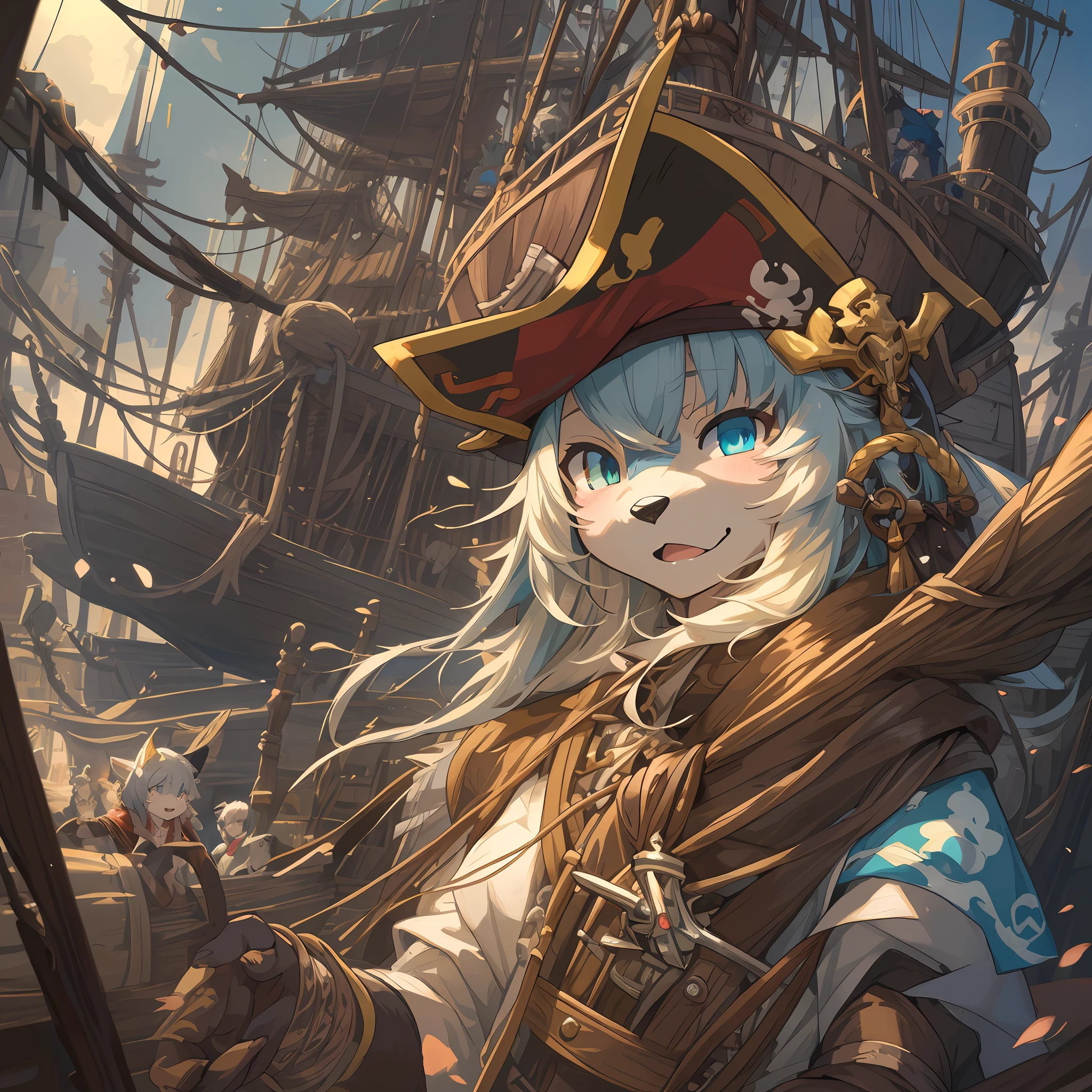 top quality, best quality, High-quality illustrations, masterpiece, super high resolution, detailed background, Pirate Ship, pirate, 6+boys, 6+girls, absurdres(highly detailed beautiful face and eyes)perfect anatomy, expression, good lighting, cinematic shadow(kemono, furry anthro),