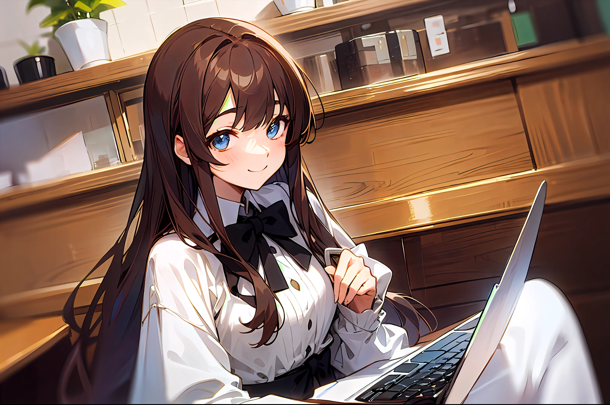 Upper body, mid-shot, femele, Detailed eyes, Anime girl sitting at laptop table, Semi-long hair, Brown hair, Bangs,, White costume, Black bow tie, Long sleeves, fashionable cafe、Inside the restaurant, Smile