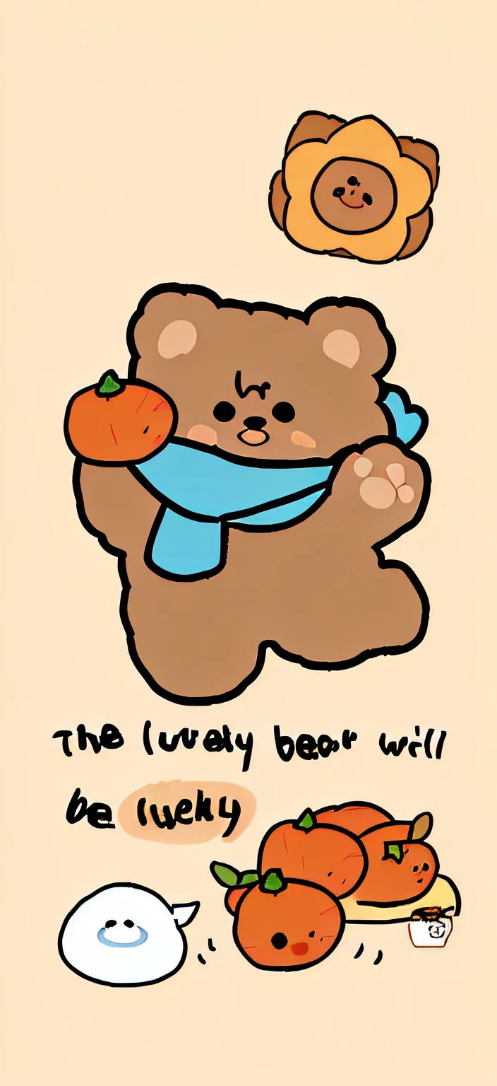 There is a cartoon bear holding an orange, 🍁 Cute, toy bear, awww, half bear, kawaii cutest sticker ever, komono, wallpaper - 1 0 2 4, 🍂 Cute, orange fluffy belly, cute cute, Autumn, cute cute, r/awww, cute illustration, 😃😀😄☺🙃😉😗