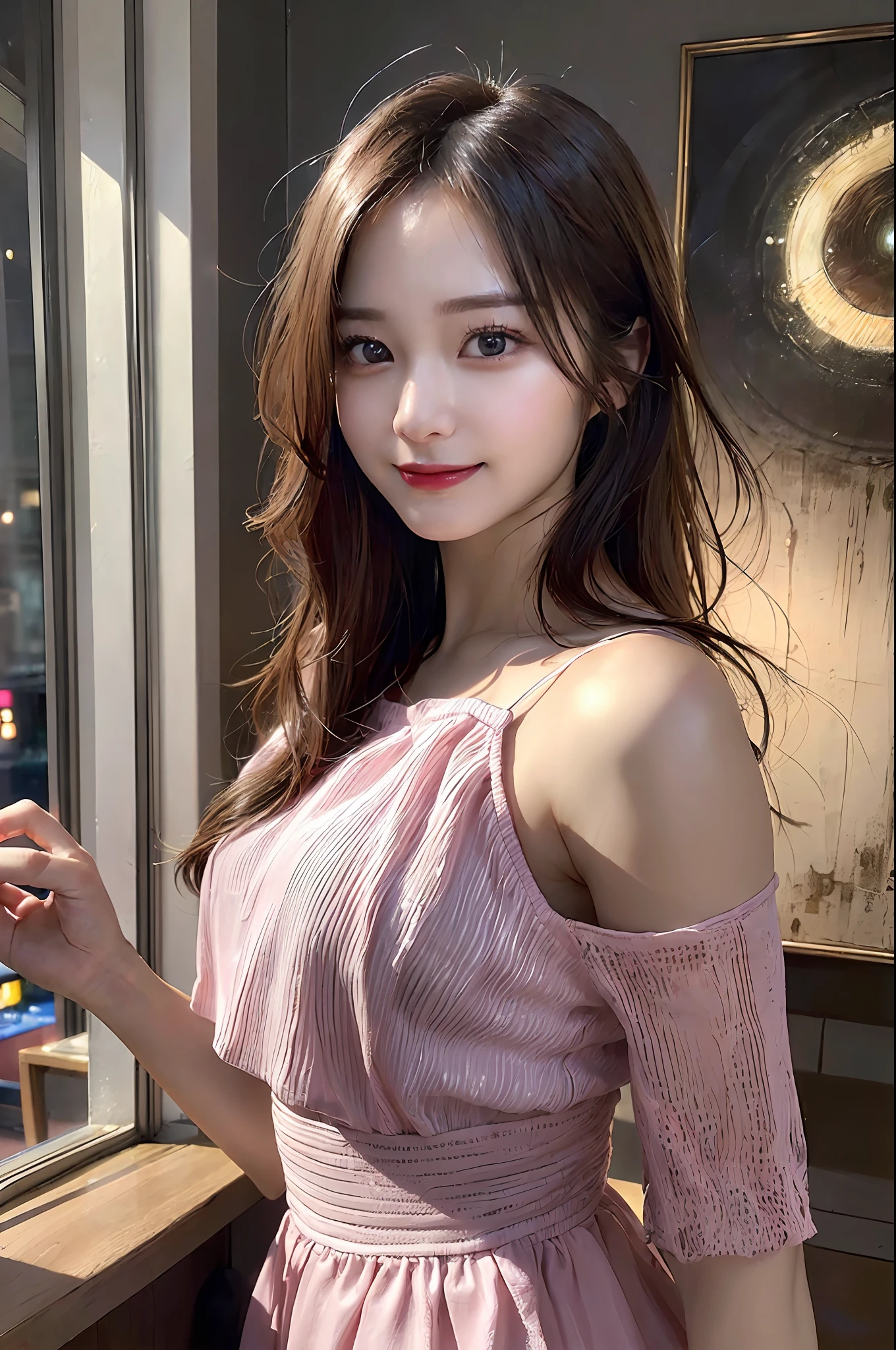 ((Realistic lighting、top-quality、2k、masterpiece:1.3))、Portrait of woman in pink dress with tear on head, Focus:1.2、Perfect figure:1.4、Slim abs:1.1、(Inside the bar、Night:1.1)、(Super fine face、A smile)、big eye、24