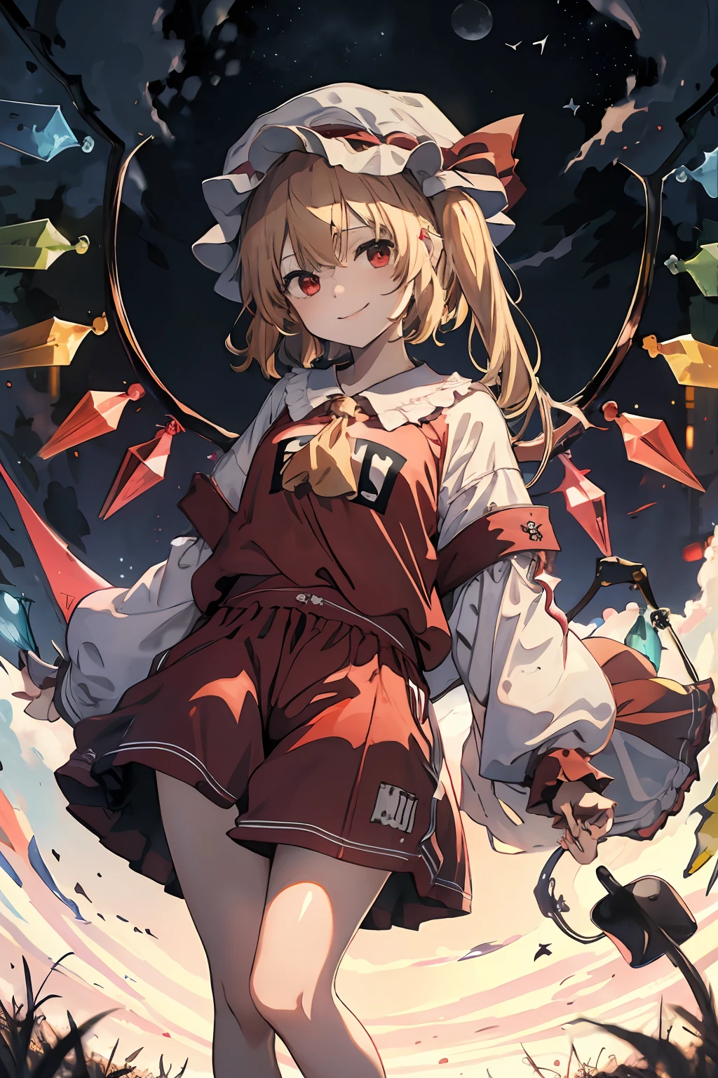 ​masterpiece, top-quality, 1girl in,natta,Big Moon,Flandre Scarlet, Mob Hat, A smile、Wearing a big red jersey、Top jersey only、Big Jersey、Don't wear pants、Big Jersey、Red jersey、Boys Jersey、Baggy clothes