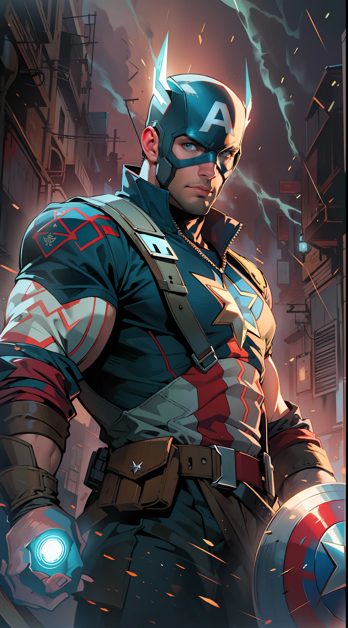 (obra maestra impresionante)), (Ultra resolution 8K), Striking illustration of Captain America fused with Thor , poderosa mezcla, Original combination of Captain America and Thor Epica, Captain America dressed as Thor thunder days, obra maestra sin antecedentes,Traje Cyberpunk, martillo rayos, obra maestra muy bien detallada, Illustration by Hetera, dark ilumination, Spectral illumination