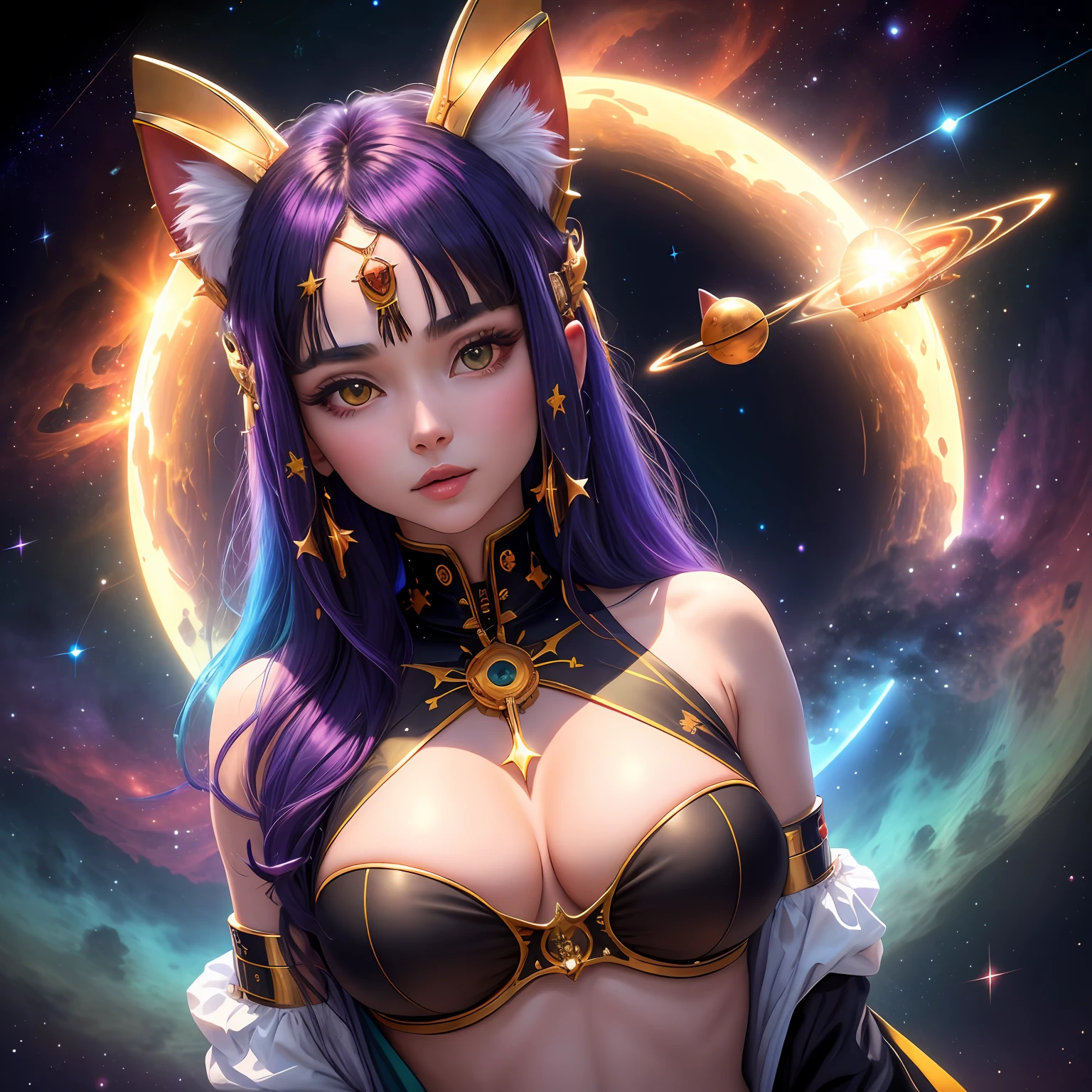 8k, A humanoid god cat flying in outer space among the stars,Teriantropia, deus egipcio, manto budista, sonhador, arte conceitual, enevoado, elegante, altamente detalhado, cores escuras, tons suaves ,full breasts out of the bra