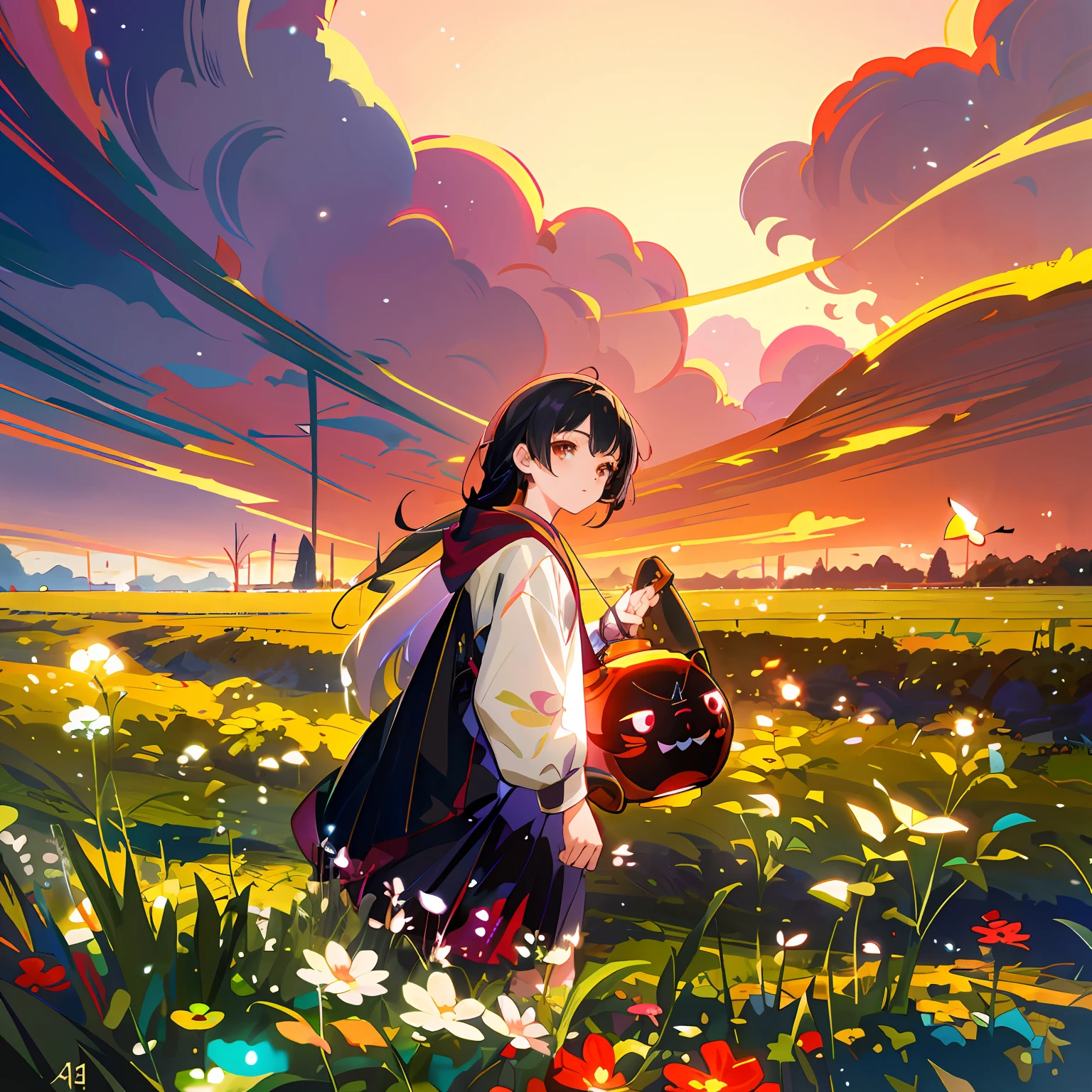 Anime girl with lantern in flower field in early morning, Anime art wallpaper 8 K, Anime art wallpaper 4k, Anime art wallpaper 4 K, Anime wallpaper 4 k, Anime wallpaper 4K, offcial art, 4K anime wallpaper, Best anime 4k konachan wallpaper, Official artwork, style of anime4 K, Official anime artwork, in a field of flowers，black color hair，black color dress，cruel