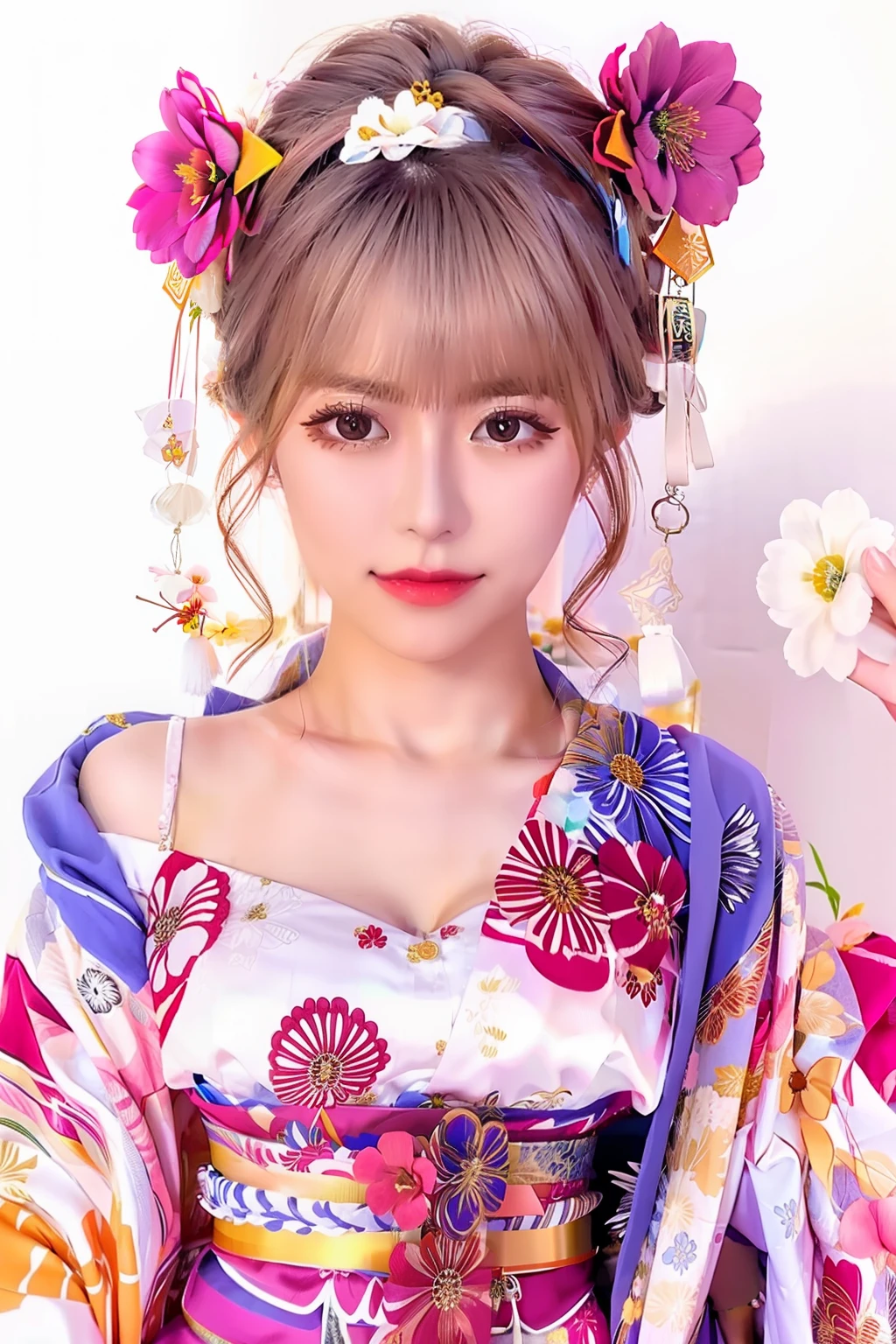 Woman in kimono with flower headband。Milk cleavage