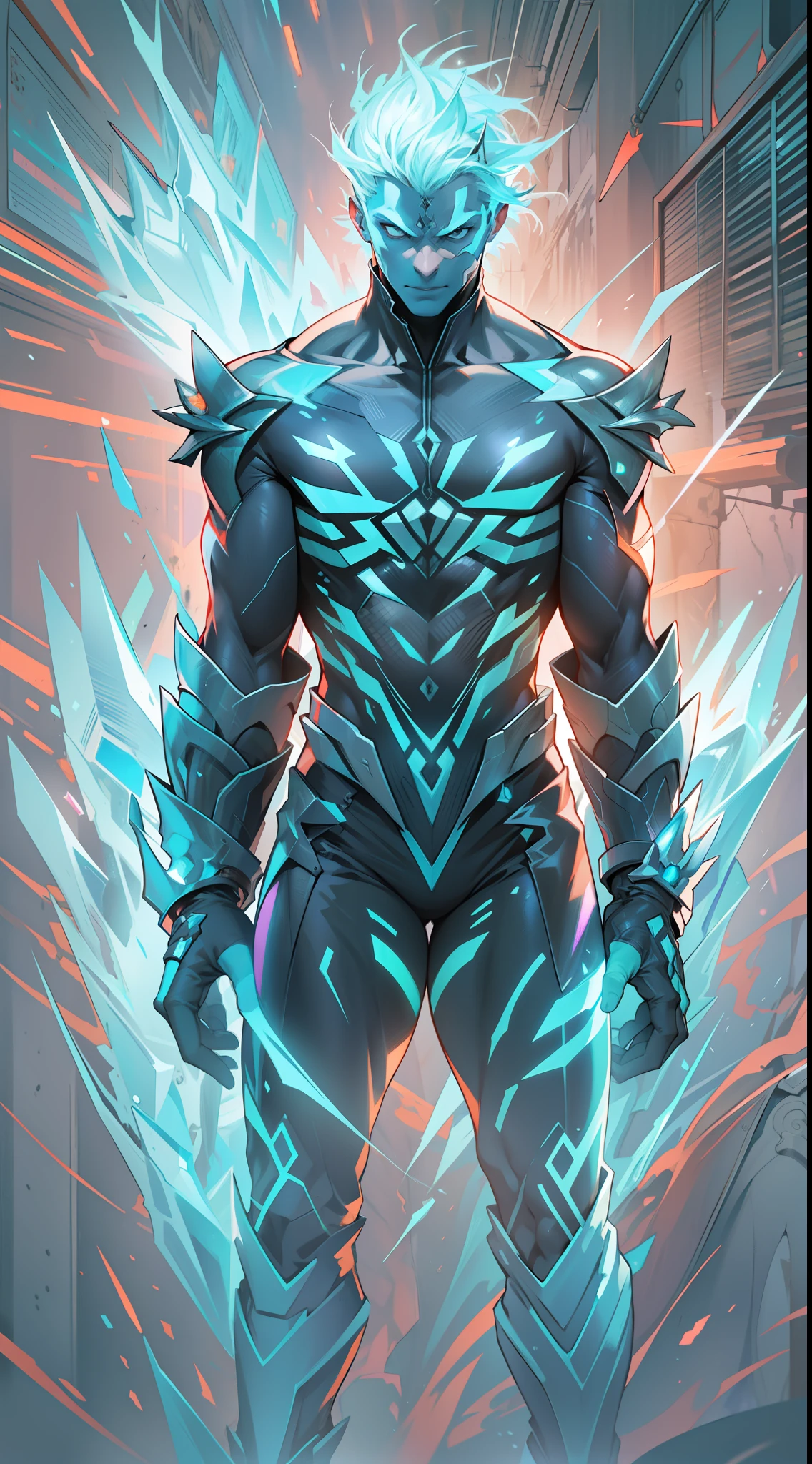 (obra maestra impresionante)), (Ultra resolution 8K), Striking illustration of Ice Man fused with flash, poderosa mezcla, Original combination of Ice Man and flash, Ice Man vestido como flash mientras todo lo congela a su paso veloz, obra maestra sin antecedentes,Traje Cyberpunk, obra maestra muy bien detallada, Illustration by Hetera, dark ilumination, Spectral illumination