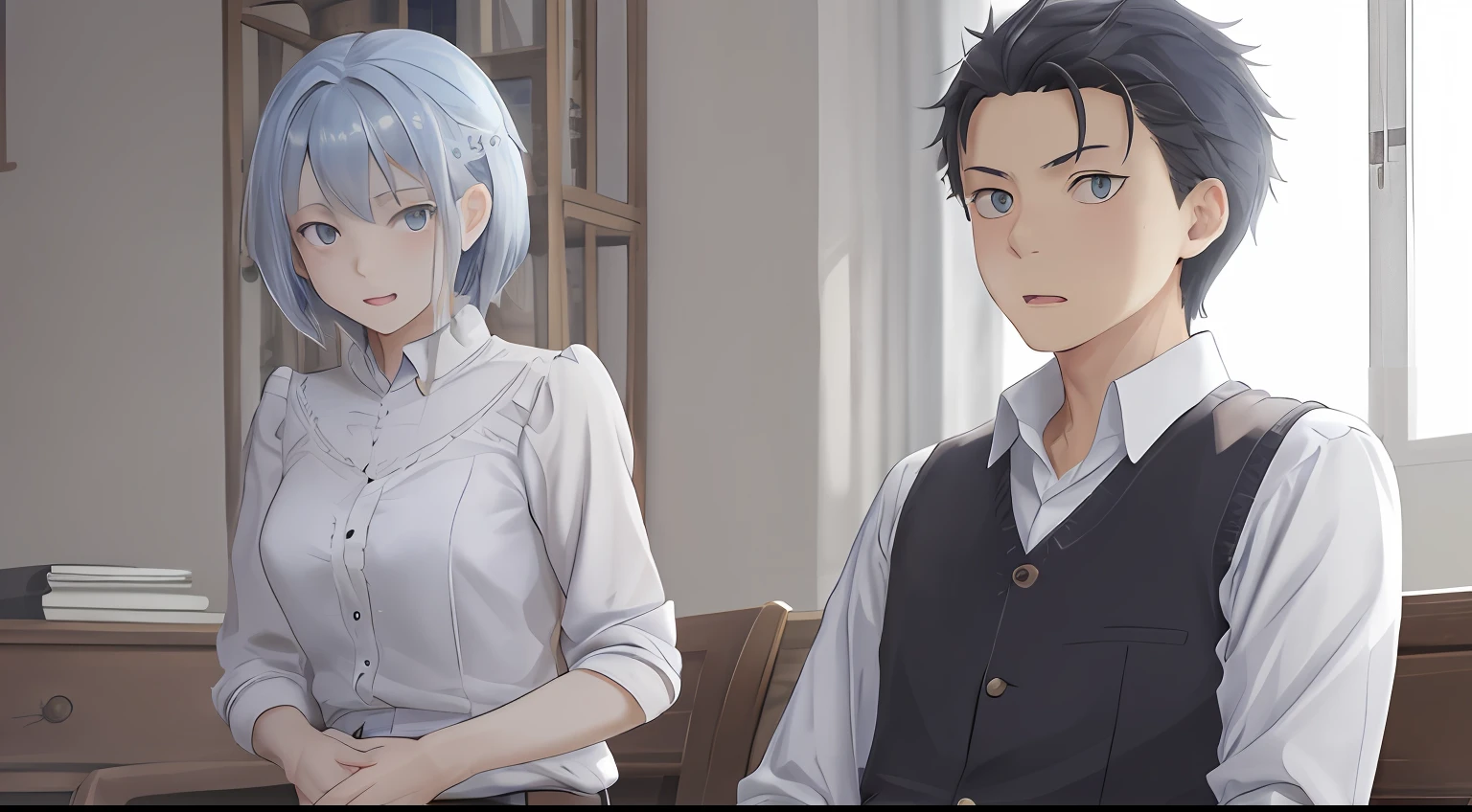 (1 Adult male),A high resolution, Sharp focus, Pixiv masterpiece, ((Complicated details)), highly detailed, natsuki_subaru, 1 man, with her mouth open,full bodyesbian,sit astride, blue colored eyes(eyes glowing), blue short hair,white shirt,Wear a tie,Wear a belt,perspire,look from down