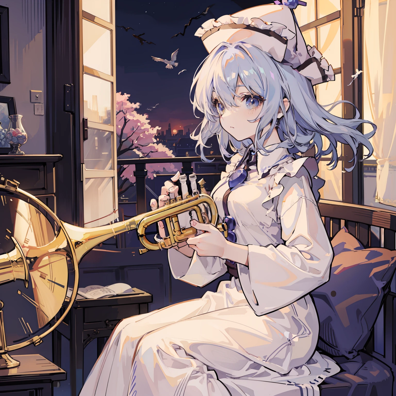 Merlin Rhythm River playing trumpet, masutepiece, Fine detail, 4K, 8K, 12K, Solo, One Person, Beautiful Girl, caucasian female, Merlin Rhythm River,Hats、 spring, birds flying away, Air, Music room