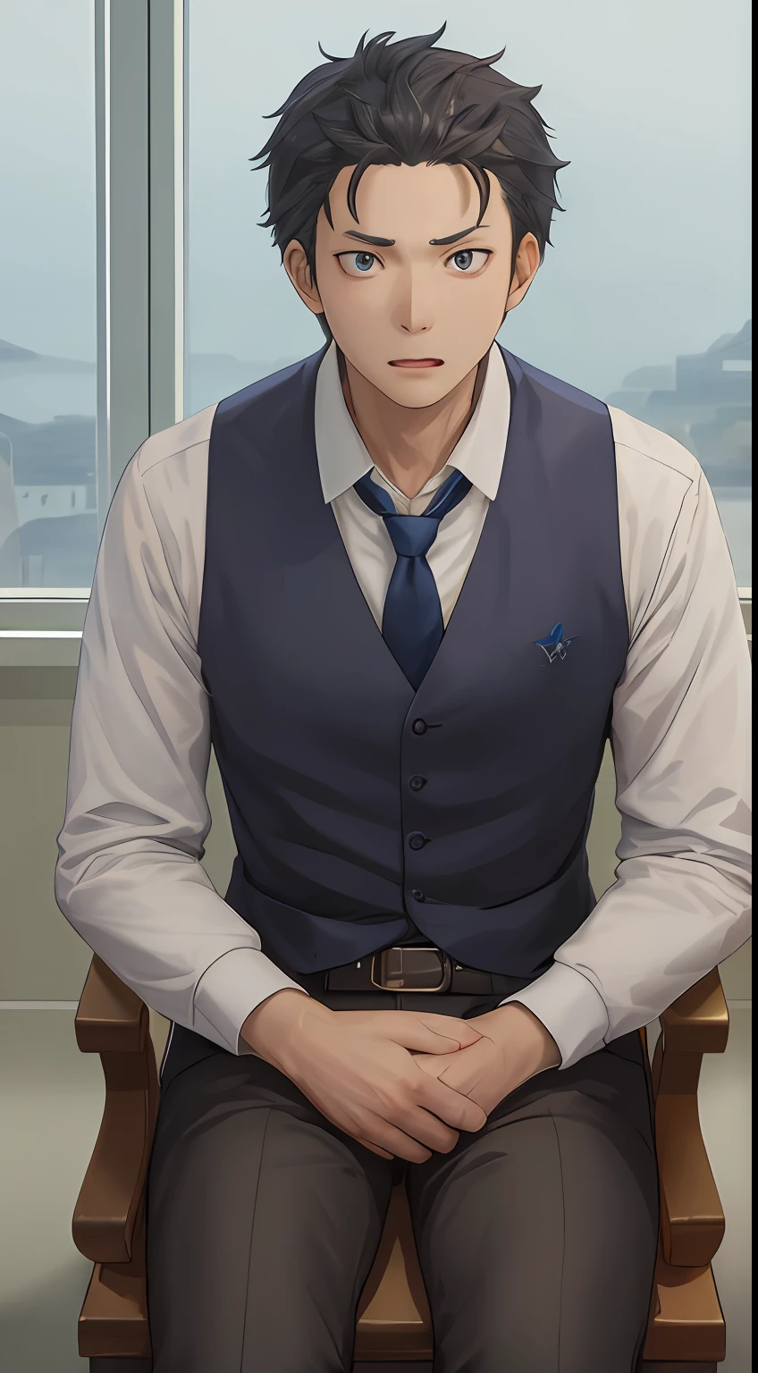 (1 Adult male),A high resolution, Sharp focus, Pixiv masterpiece, ((Complicated details)), highly detailed, natsuki_subaru, 1 man, with her mouth open,full bodyesbian,sit astride, blue colored eyes(eyes glowing), blue short hair,white shirt,Wear a tie,Wear a belt,perspire,look from down