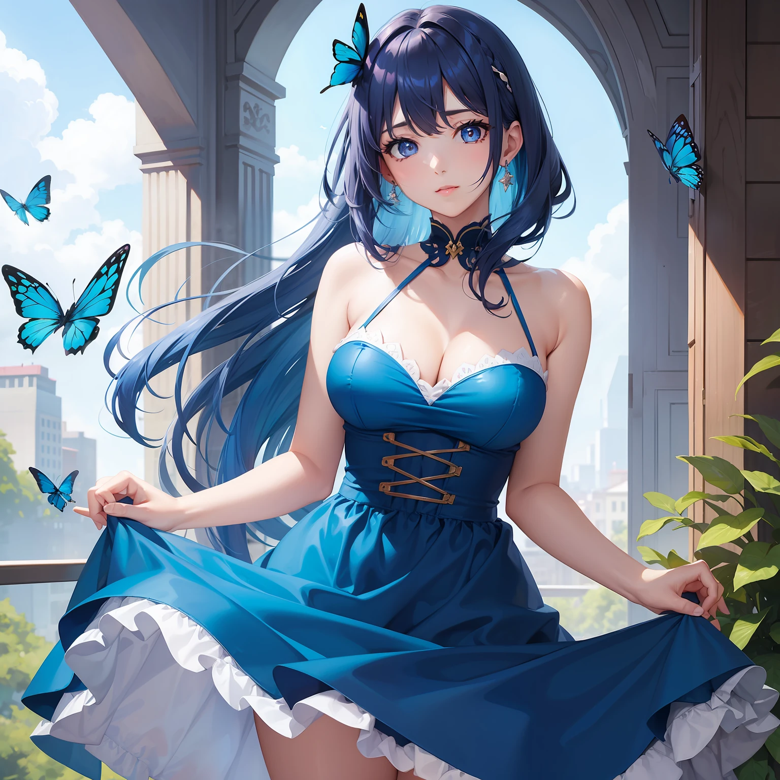 a women, blue butterfly, blue hair, pink eyes, blue dress