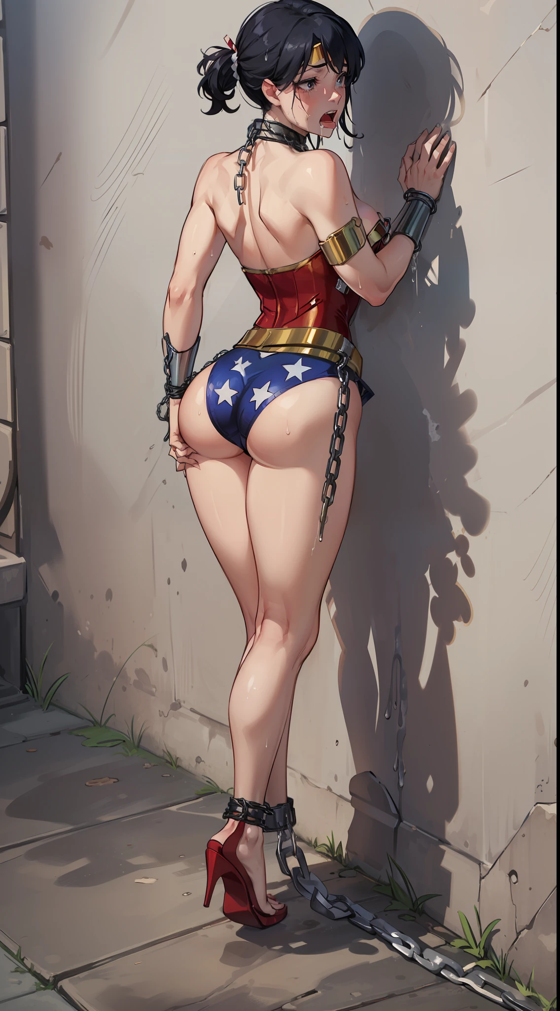 (( ela esta no mercado de escravas)) (( crawling )) (( His shorts are tattered, Your blouse is tattered, Your mesh is tattered, his uniform is tattered, seu traje esta esfarrapado, your clothes are tattered, his pantyhose are shredded and with holes)) sem calcinha, no-bra. WONDER WOMAN SUPERHEROINE . She's sweaty all over her body. (( Back view )) Crescer, ela tem 30 anos. She's screaming in terror, She's terrified, She's crying a lot. Ela tem cabelos pretos, ela tem cabelos compridos. ((She's leaning against a corner of the wall, enrolado )). She wore a suspension belt and Fishnet Footless pantyhose and maid's lace line. Capturado, Sequestrado, abandonado, Torturado, escravizado, envergonhado. ((His hands are attached to the wall by handcuffs with thick chains. His ankles are tied to the ground by handcuffs with thick chains)). She screams and begs for mercy, Ela cai no choro. The ropes run down the middle over her back through her married sleeve swimsuit to tie her legs just above her knees and ankles. Wearing a thick metal necklace around the neck with a chain. Forced into prostitution. ( your clothes are wet, your pubis is swollen ) (Sua urina corre pelas pernas dela, dripping on the floor. (( She's wearing painful slave heels.)). She's all scratched. Areola of the protruding breasts.