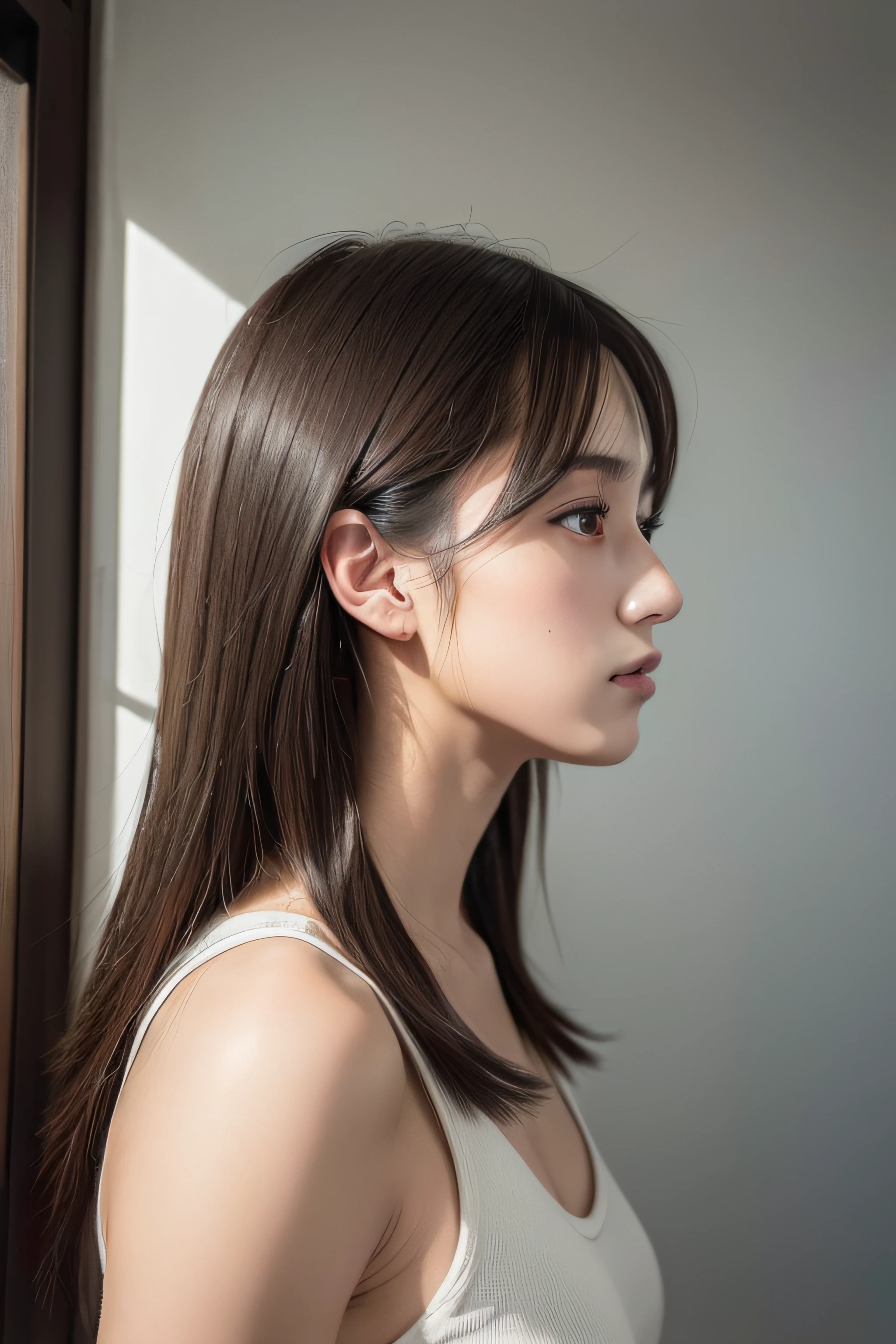(in 8K, Raw photography, top-quality, masterpiece:1.2), (profile:1.6), A dark-haired, 20yr old, in a house,(realisitic:1.6),