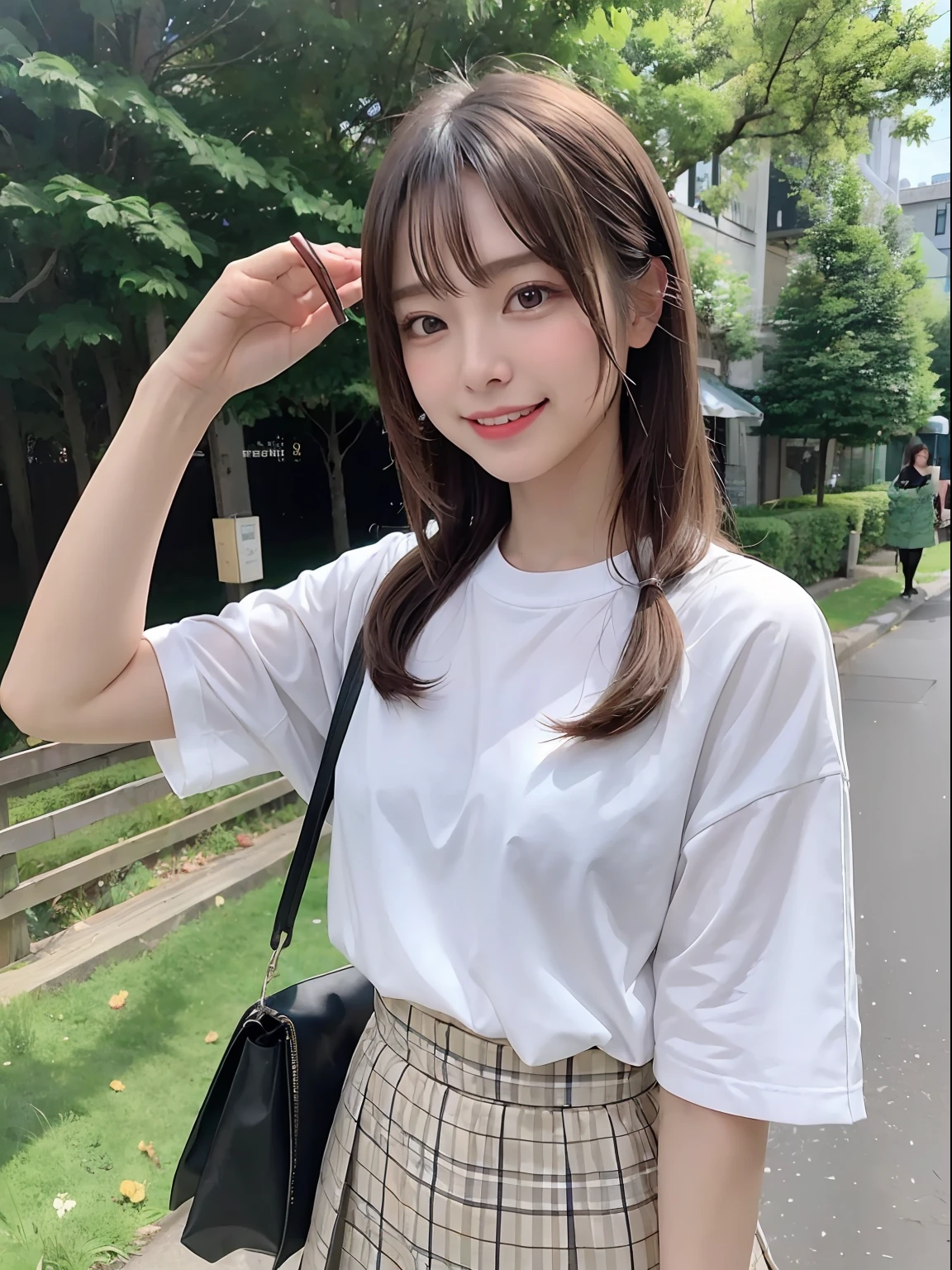 ((top-quality、in 8K、masterpies:1.3))、1girl in、Beautiful woman with slim abs accent:1.3、Super Detail Face、Delicat eyes、二重まぶた、full body Esbian、poneyTail、20yr old、Brown hair、summer clothing、skirt by the、is standing、Holding a bag、A smile、Putting out teeth、ln the forest