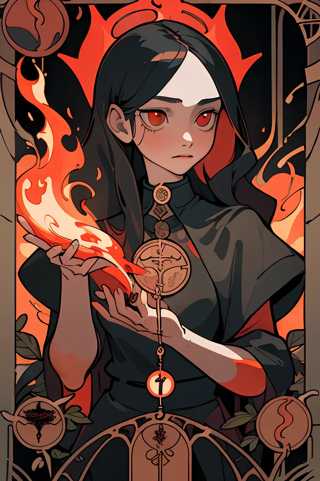 (Best Quality, Masterpiece), 1Girl, Long hair, flame, leaves, Tarot cards, devil,